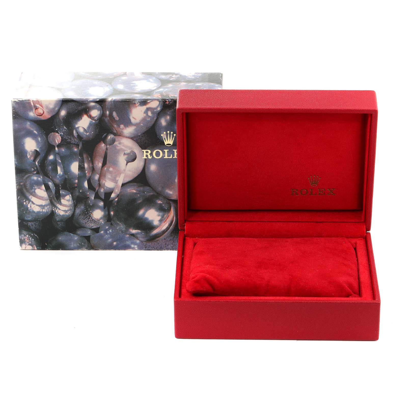 The image shows a Rolex President 69158 Women
s Yellow Gold Grey Dial 69158 Women
s Yellow Gold Grey Dial watch
s box, including a closed outer box and an open red velvet inner box.