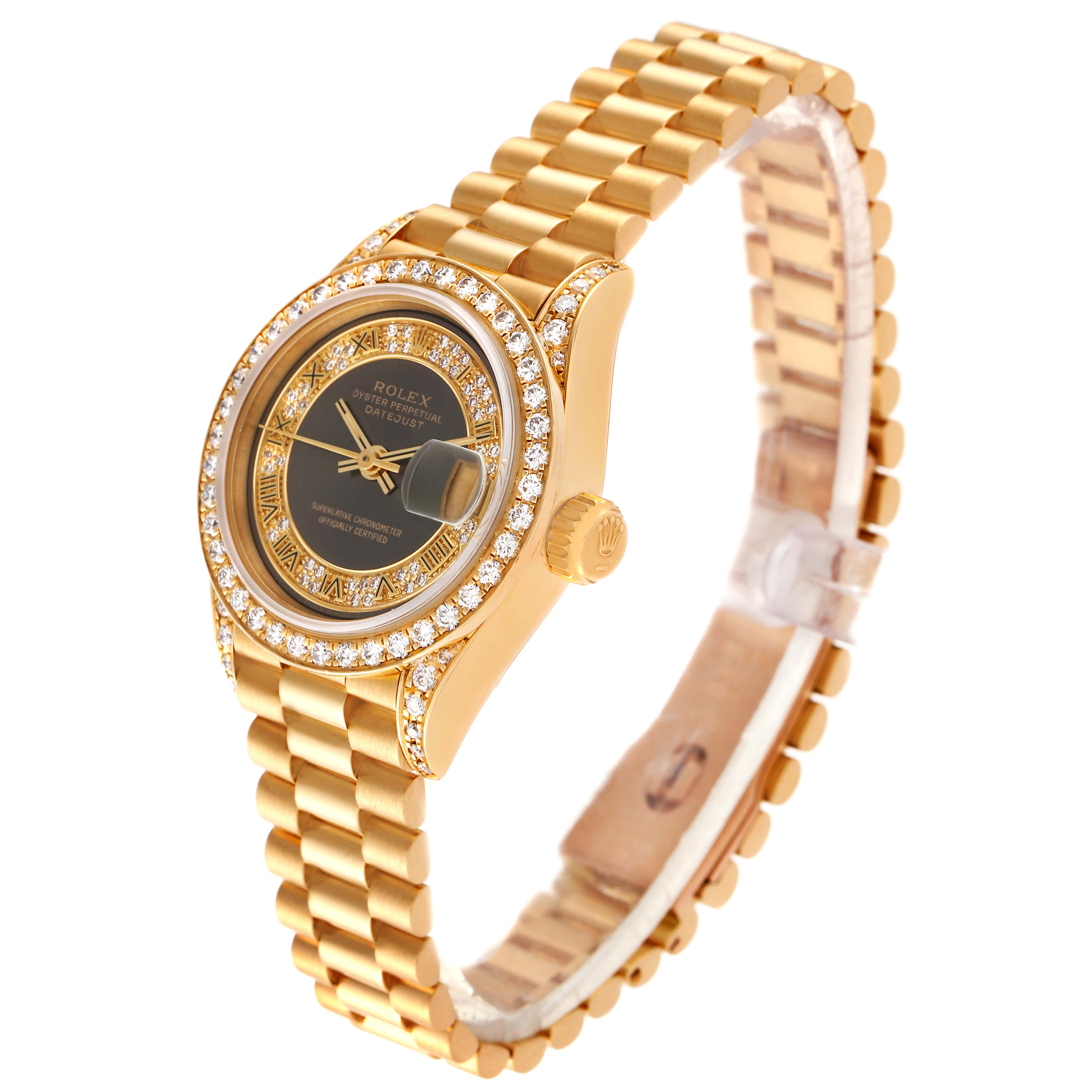 This image shows a Rolex President 69158 Women
s Yellow Gold Grey Dial 69158 Women
s Yellow Gold Grey Dial model watch at a three-quarter angle, highlighting the face, bezel, crown, and bracelet.