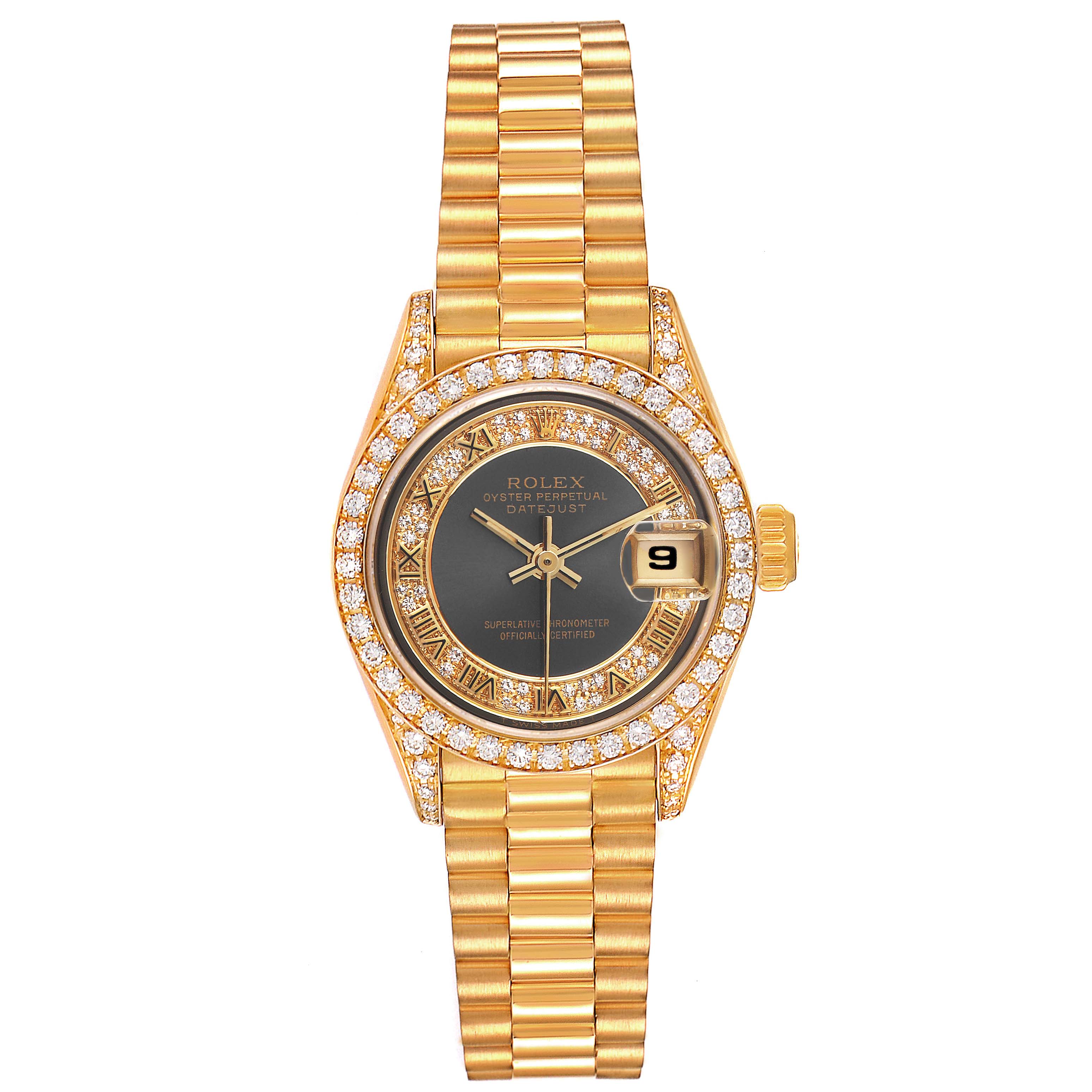 This image displays a frontal view of a Rolex President 69158 Women
s Yellow Gold Grey Dial 69158 Women
s Yellow Gold Grey Dial model watch, featuring the dial, bezel, bracelet, and date window.
