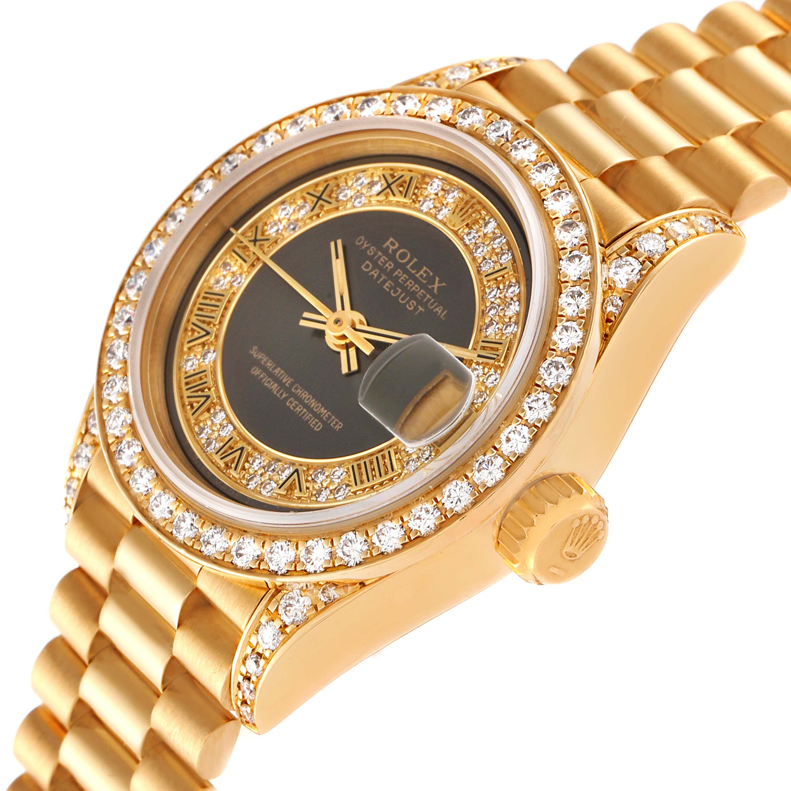 This image shows a close-up angled view of the Rolex President 69158 Women
s Yellow Gold Grey Dial 69158 Women
s Yellow Gold Grey Dial model watch, featuring the face, bezel, crown, and bracelet.