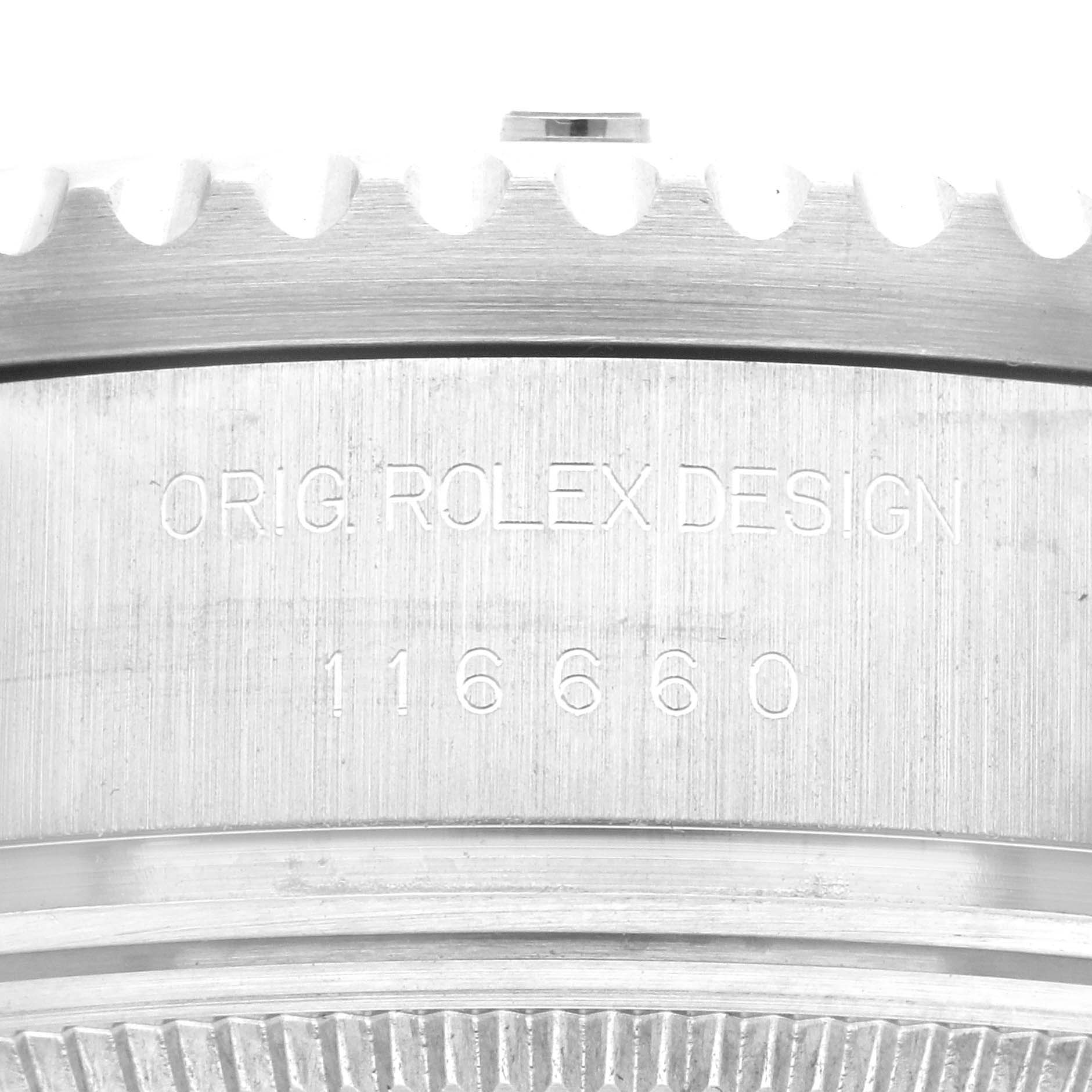 The image shows a close-up of the side of the bezel and case on a Rolex Sea-Dweller 116660 Men
s Stainless Steel Black Dial 116660 Men
s Stainless Steel Black Dial, highlighting the engravings.