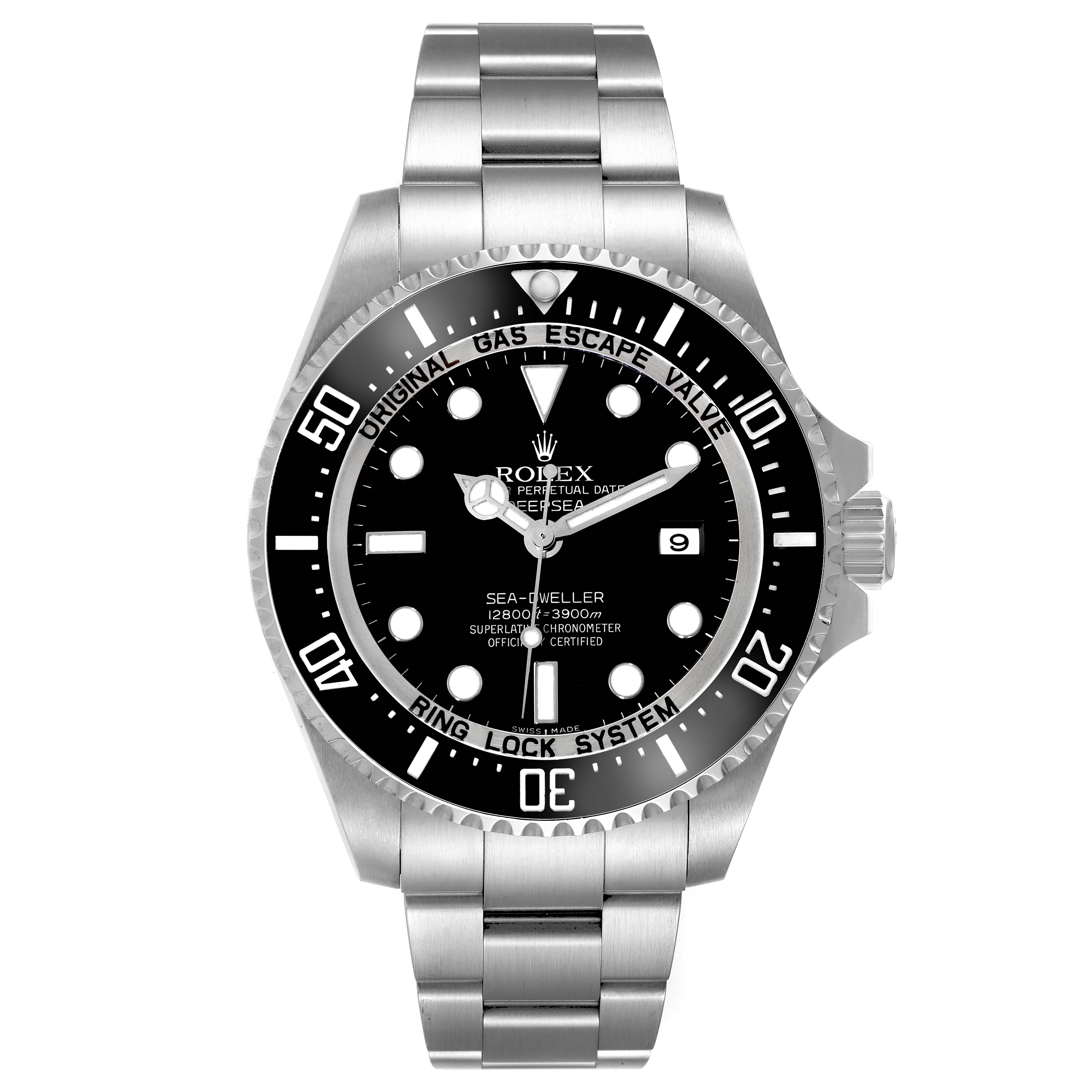 The Rolex Sea-Dweller 116660 Men
s Stainless Steel Black Dial 116660 Men
s Stainless Steel Black Dial watch is shown from a front angle, displaying its face, bezel, bracelet, and crown.