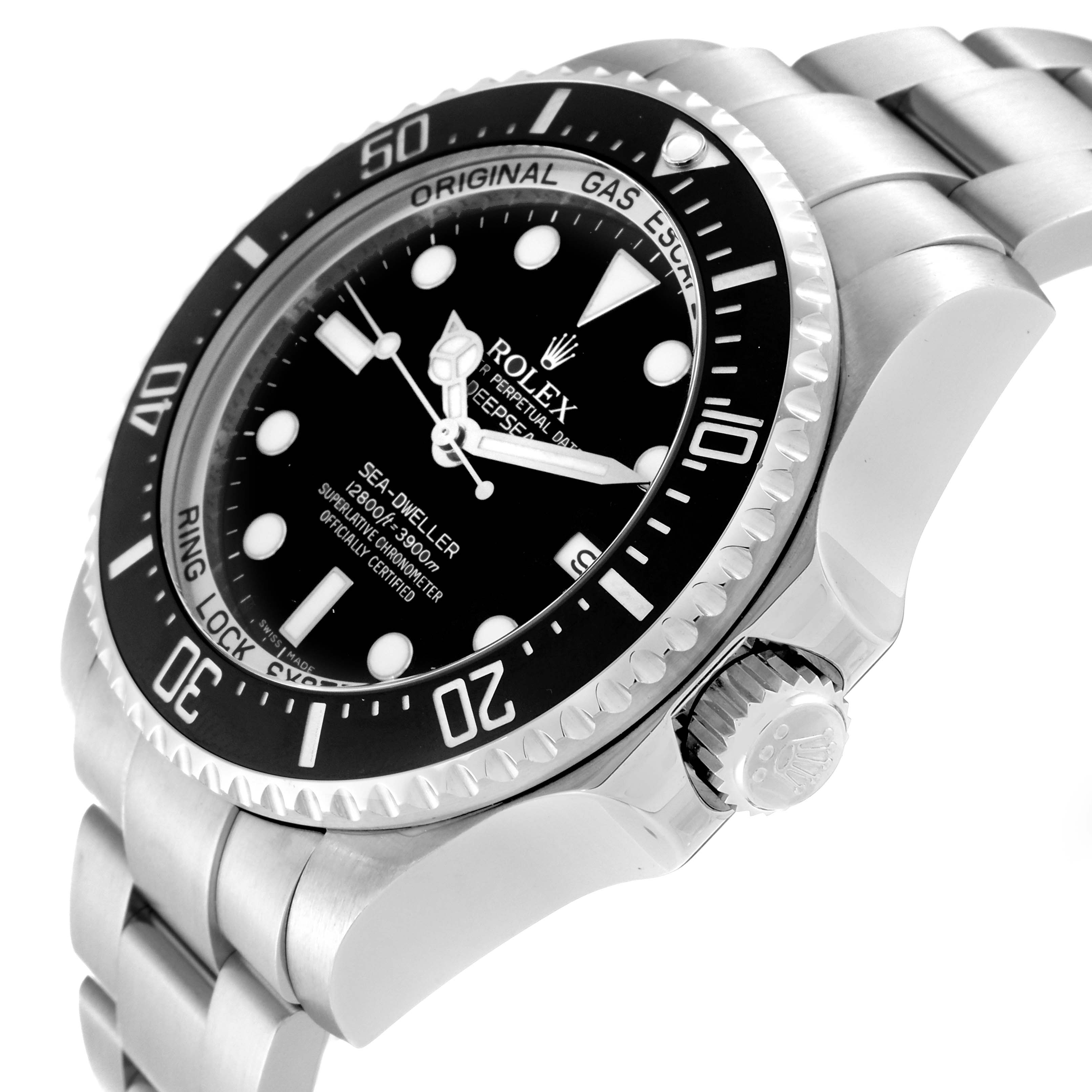The Rolex Sea-Dweller 116660 Men
s Stainless Steel Black Dial 116660 Men
s Stainless Steel Black Dial watch is shown at a slight angle highlighting the face, bezel, crown, and part of the bracelet.