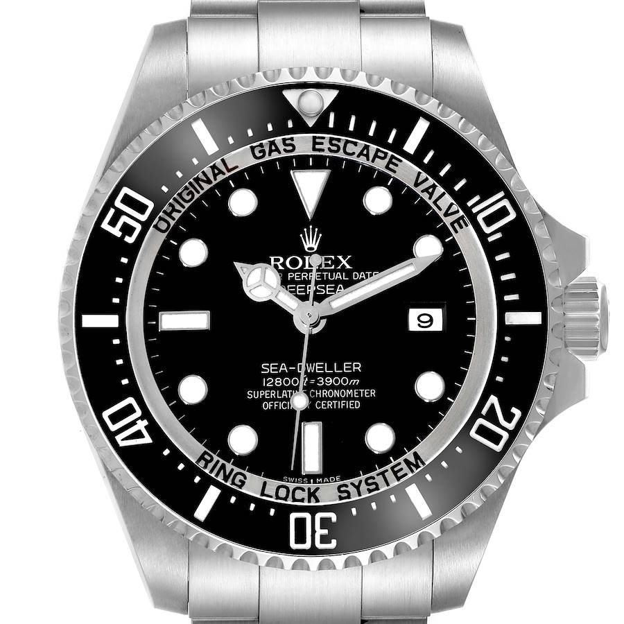The Rolex Sea-Dweller watch is shown from the front, highlighting its bezel, dial, and bracelet.