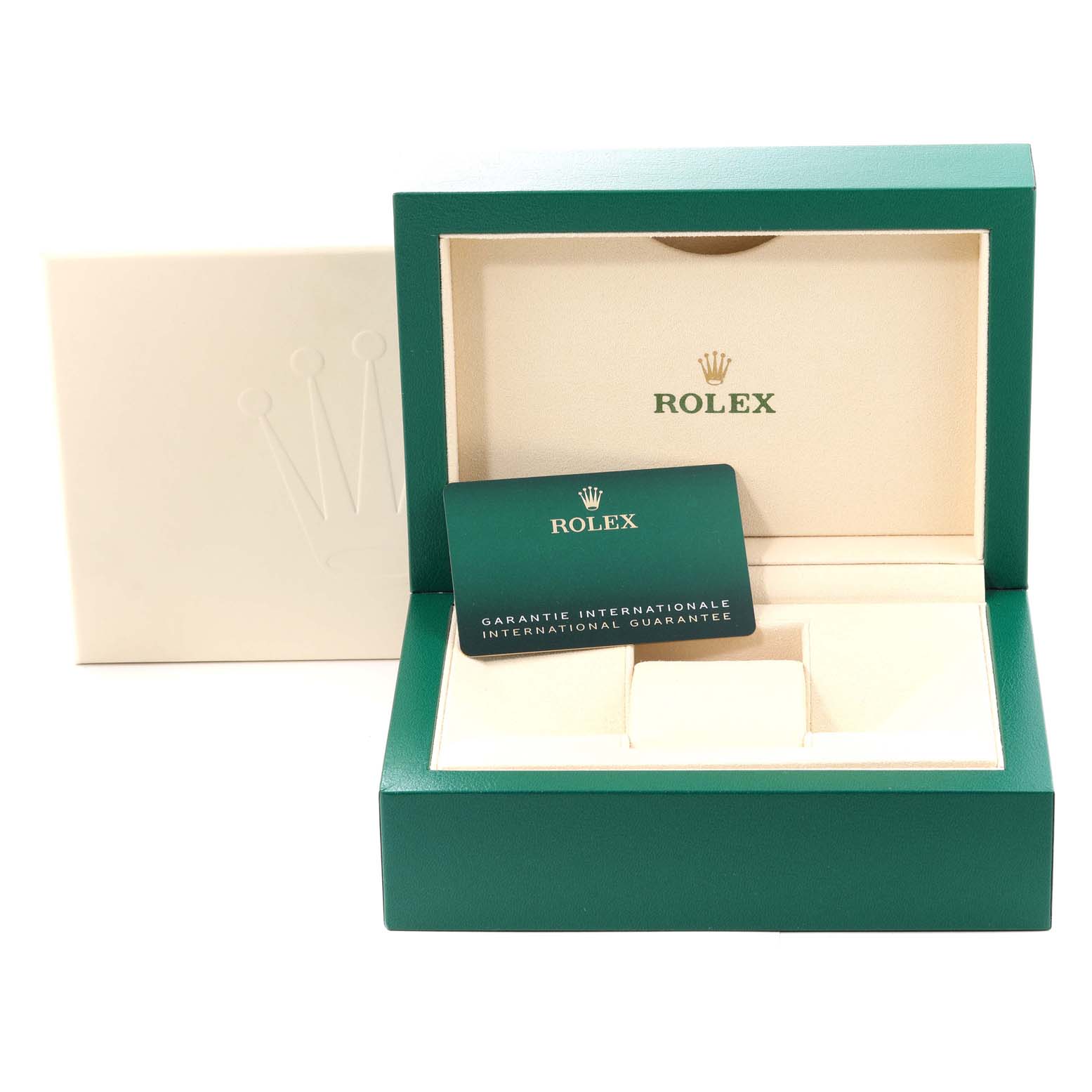 This image shows an open green and beige Rolex Sky-Dweller 326934 Men
s Stainless Steel Blue Dial 326934 Men
s Stainless Steel Blue Dial box with an international guarantee card inside.