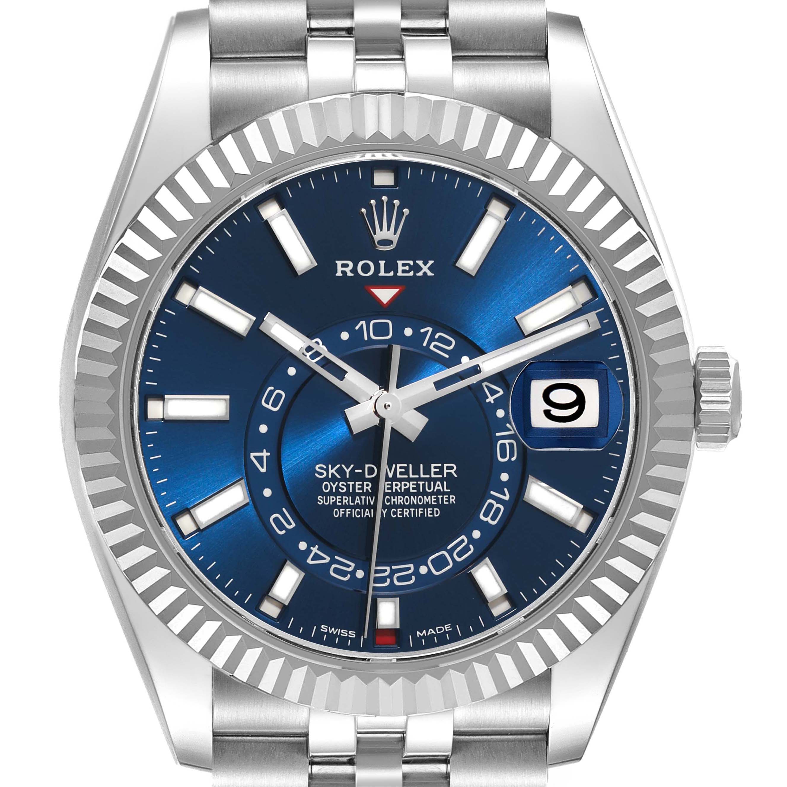 The Rolex Sky-Dweller 326934 Men
s Stainless Steel Blue Dial 326934 Men
s Stainless Steel Blue Dial watch is shown from a front angle, highlighting its blue dial, bezel, crown, and part of the bracelet.