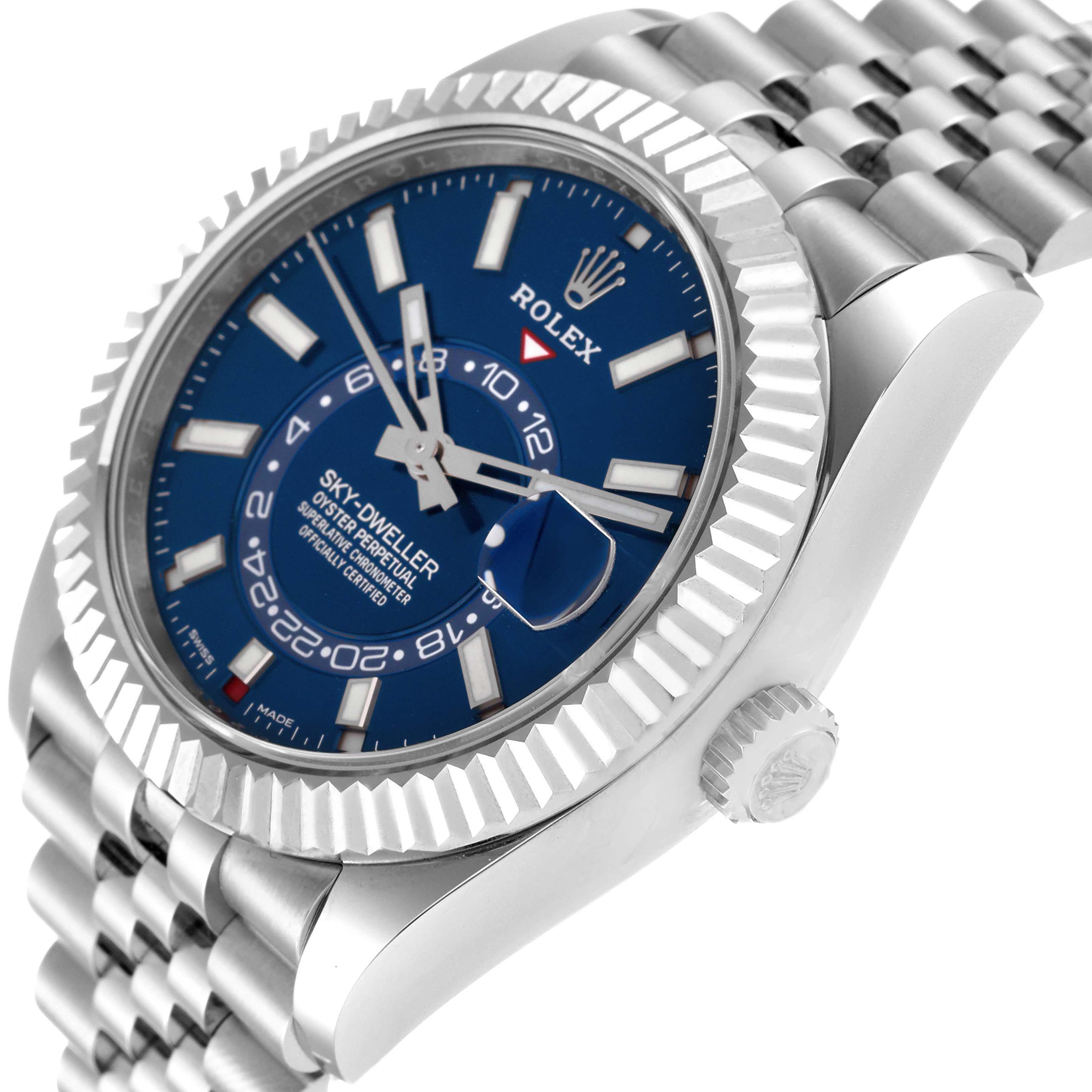 This image shows a Rolex Sky-Dweller 326934 Men
s Stainless Steel Blue Dial 326934 Men
s Stainless Steel Blue Dial watch at an angled side view, highlighting the blue dial, bezel, crown, and part of the bracelet.