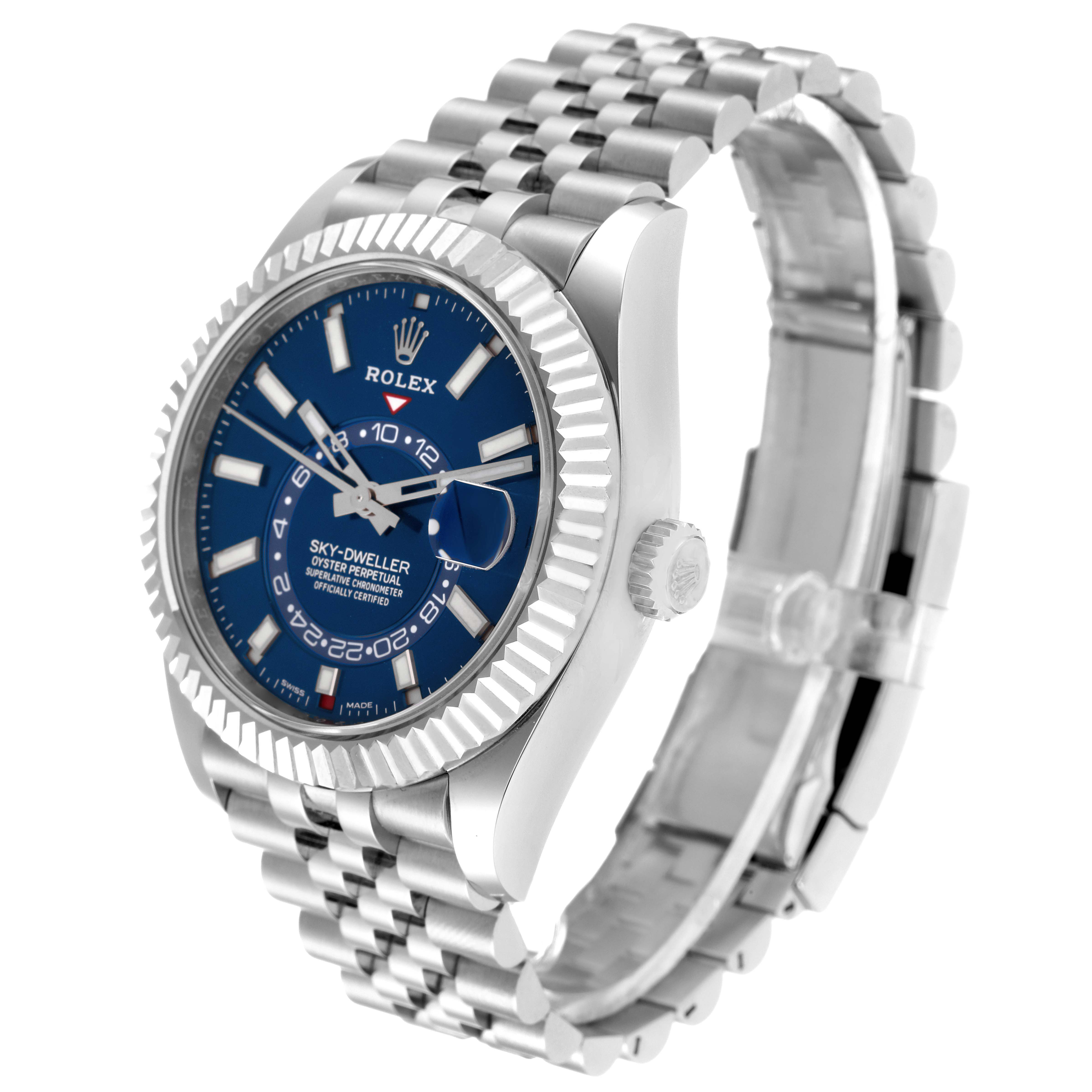 The image shows a Rolex Sky-Dweller 326934 Men
s Stainless Steel Blue Dial 326934 Men
s Stainless Steel Blue Dial watch at a three-quarter angle, highlighting its blue dial, bezel, and bracelet.