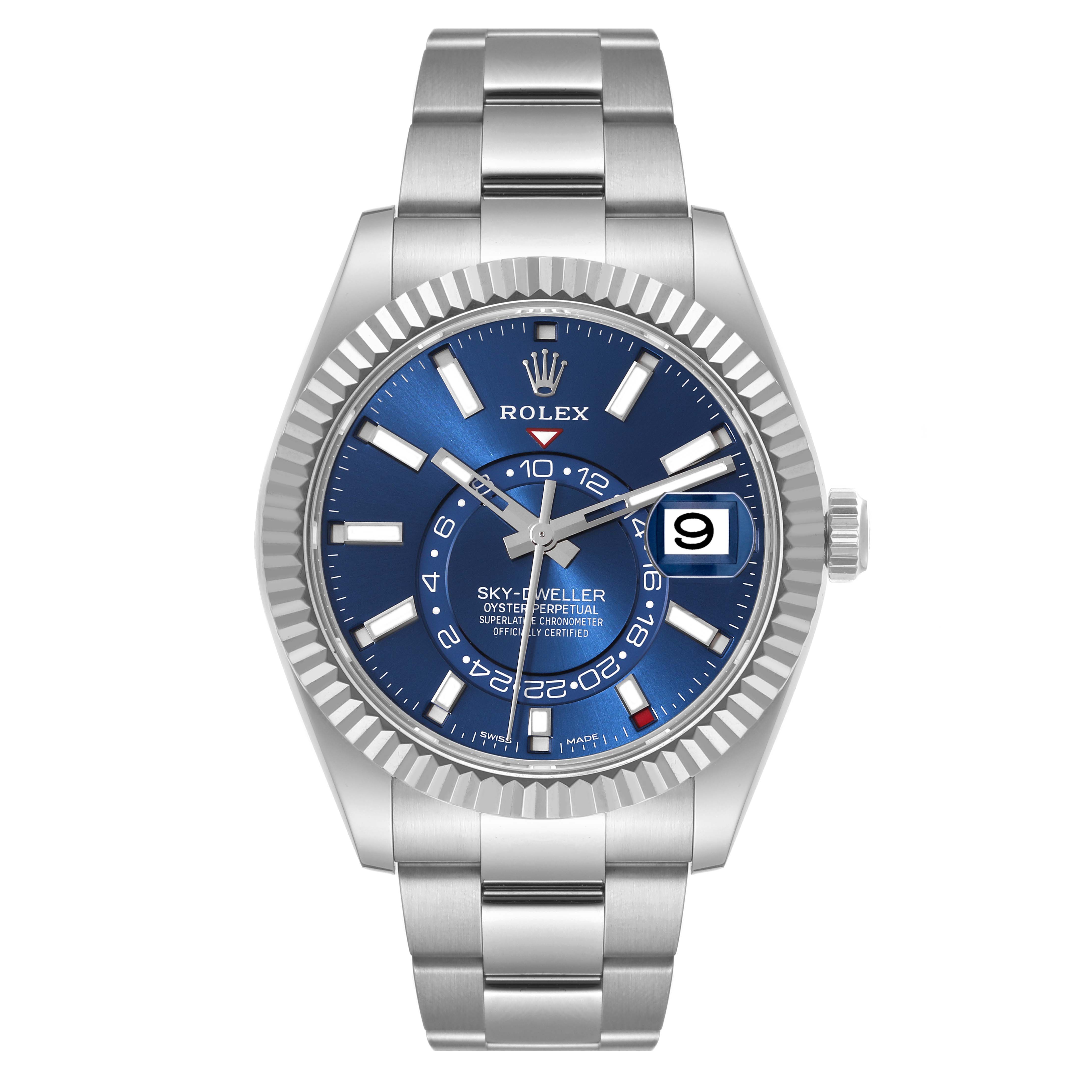 The image shows a front view of a Rolex Sky-Dweller 326934 Men's Stainless Steel Blue Dial 326934 Men's Stainless Steel Blue Dial watch, highlighting its blue dial, date window, and stainless steel bracelet.