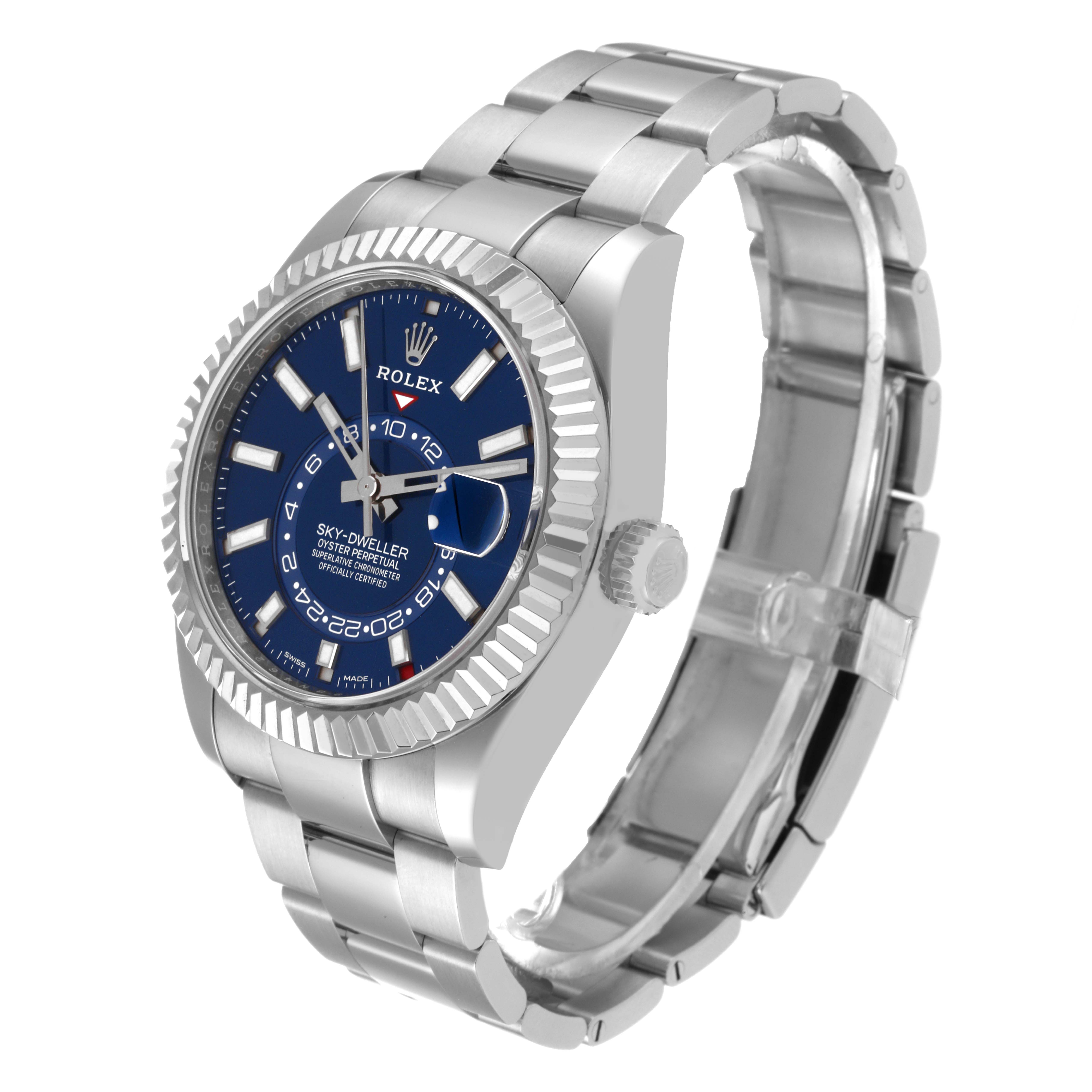 This image shows a Rolex Sky-Dweller 326934 Men's Stainless Steel Blue Dial 326934 Men's Stainless Steel Blue Dial watch at a three-quarter angle, highlighting the dial, bezel, crown, and bracelet.