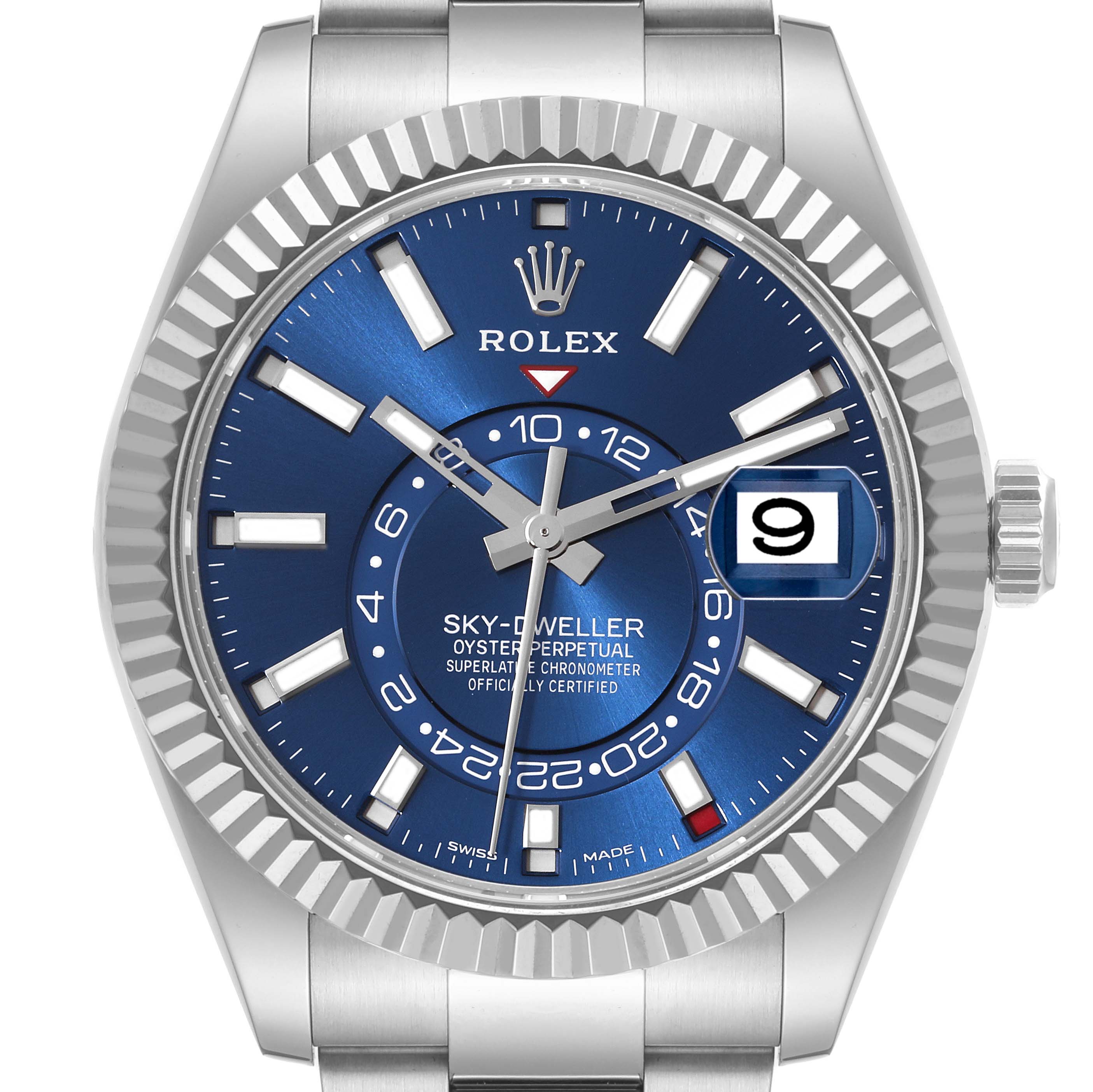 The Rolex Sky-Dweller 326934 Men's Stainless Steel Blue Dial 326934 Men's Stainless Steel Blue Dial watch is shown from a front angle, displaying the dial, bezel, crown, and bracelet.