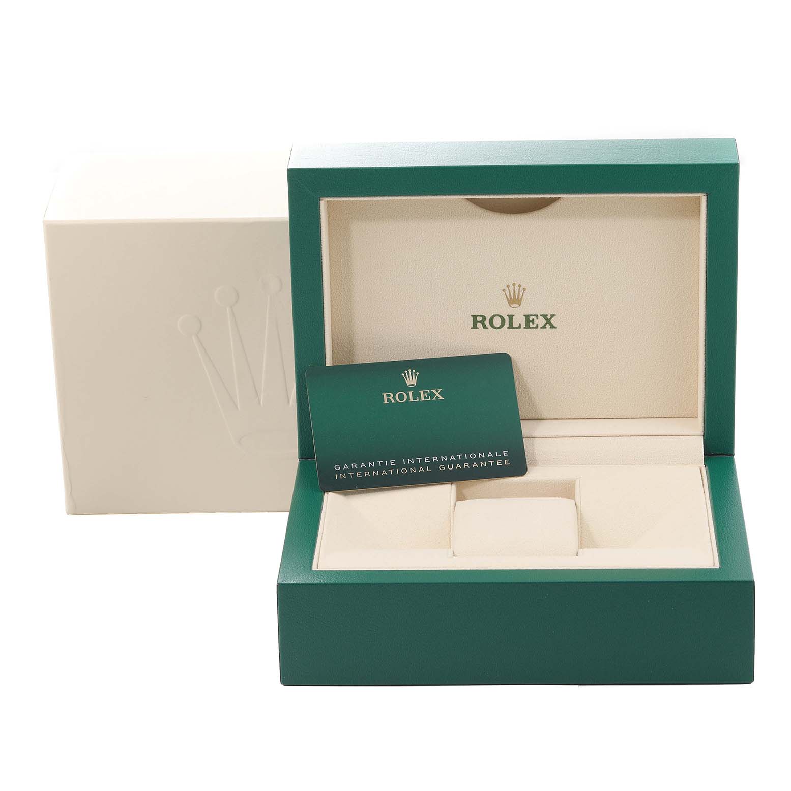 The image shows the packaging box and international guarantee card for the Rolex Sky-Dweller 326934 Men's Stainless Steel Blue Dial 326934 Men's Stainless Steel Blue Dial watch.