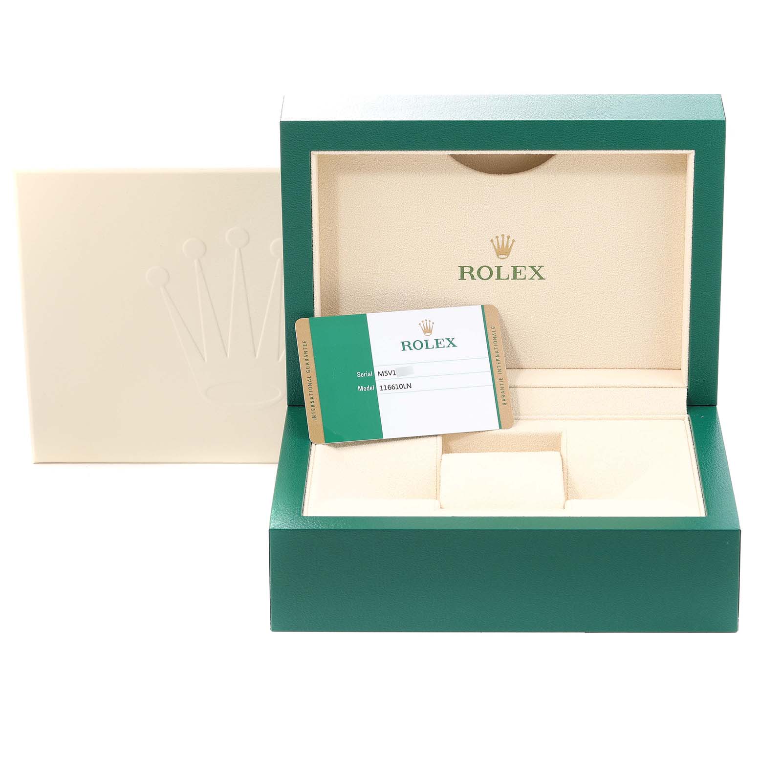 The image displays the open box and warranty card for a Rolex Submariner 116610 Men
s Stainless Steel Black Dial 116610 Men
s Stainless Steel Black Dial model 116610LN, showing the inner packaging.