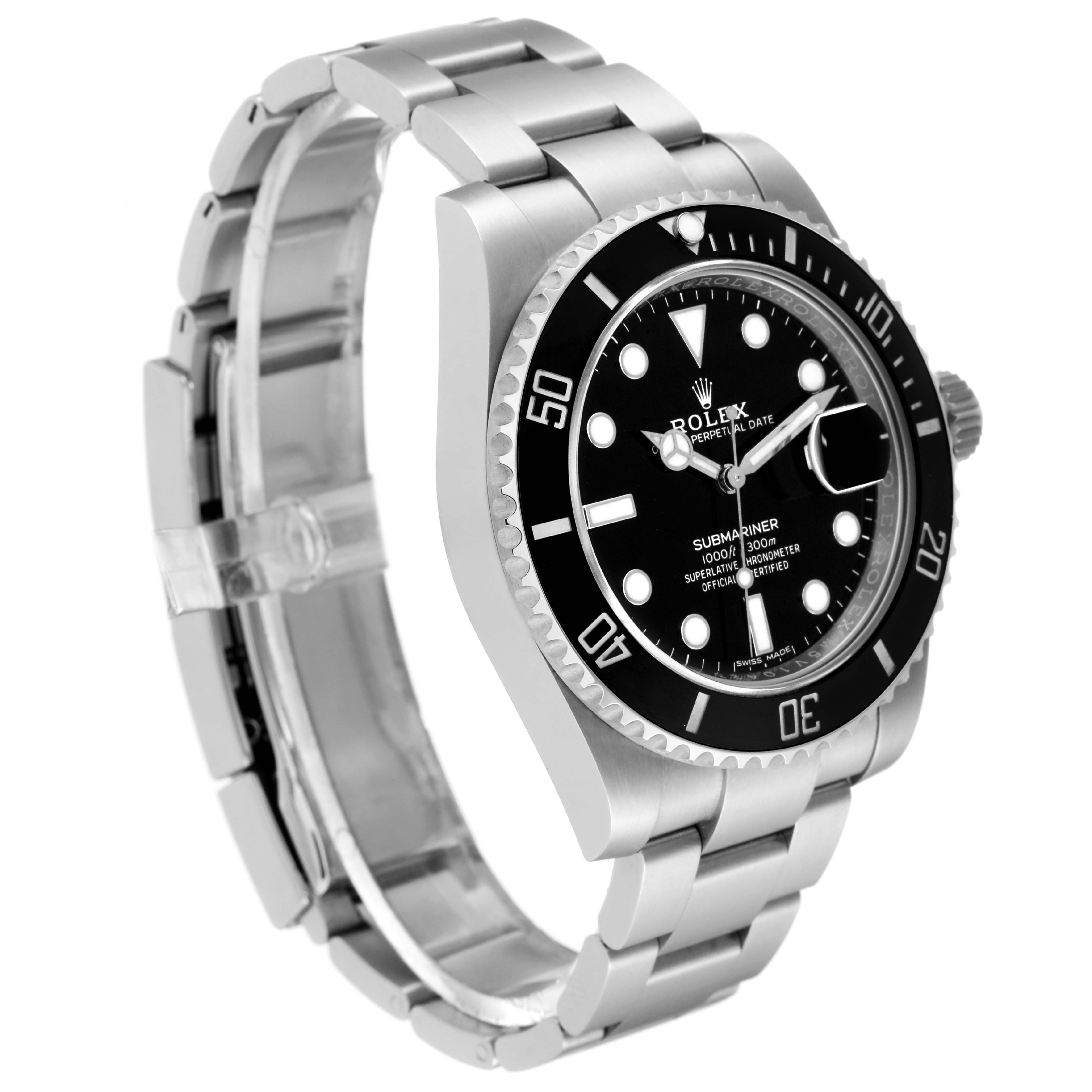 This image shows a Rolex Submariner 116610 Men
s Stainless Steel Black Dial 116610 Men
s Stainless Steel Black Dial watch at a three-quarter angle highlighting the dial, bezel, crown, and the bracelet.