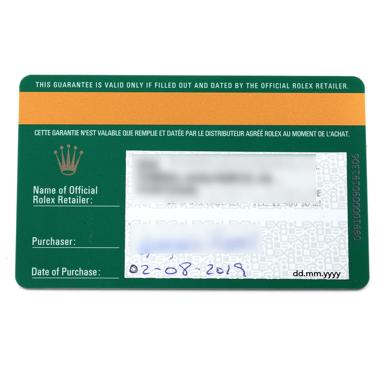 This image shows the warranty card for a Rolex Submariner 116610 Men
s Stainless Steel Black Dial 116610 Men
s Stainless Steel Black Dial watch.