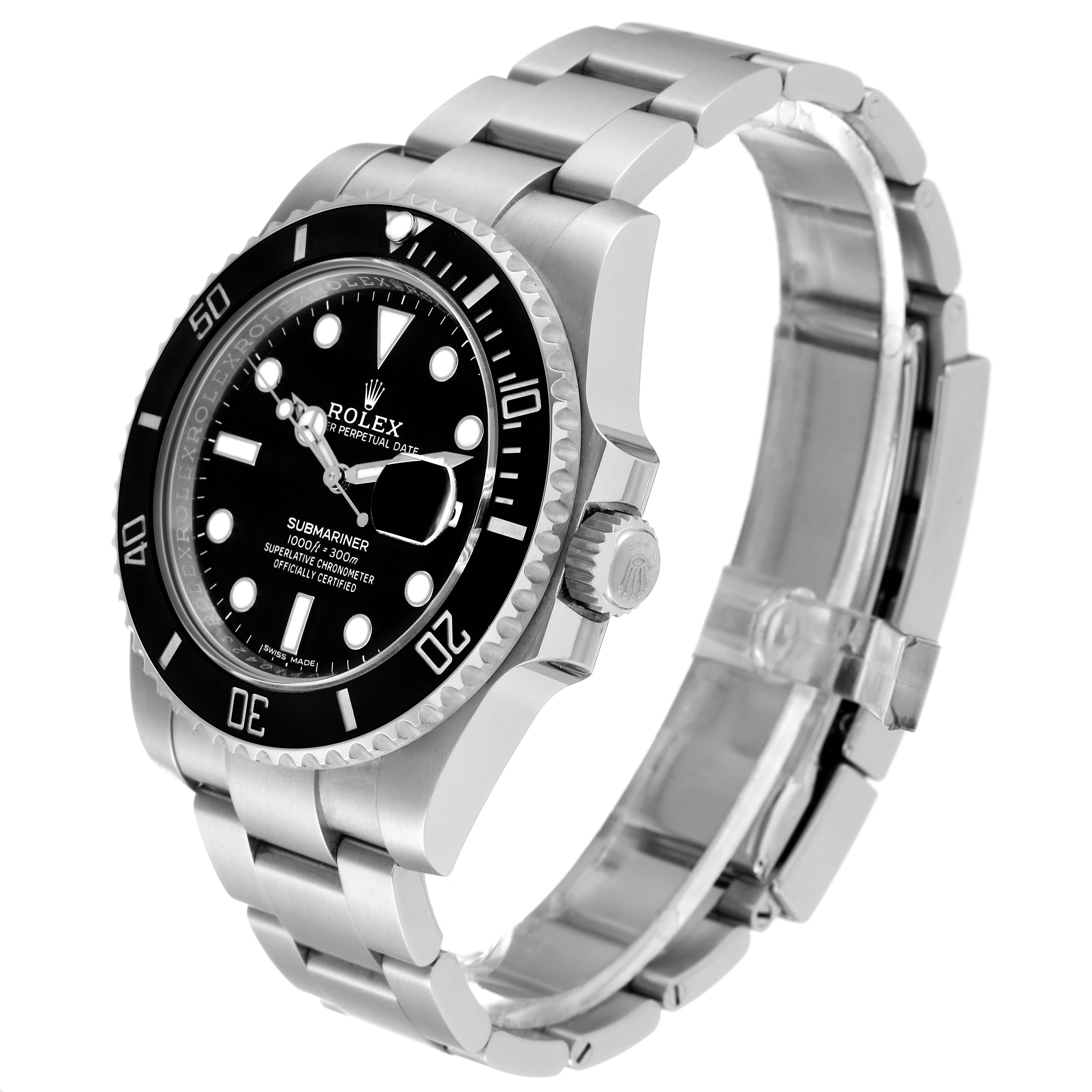 This image shows a side angle view of the Rolex Submariner 116610 Men
s Stainless Steel Black Dial 116610 Men
s Stainless Steel Black Dial watch, displaying the bezel, dial, crown, and metal bracelet.