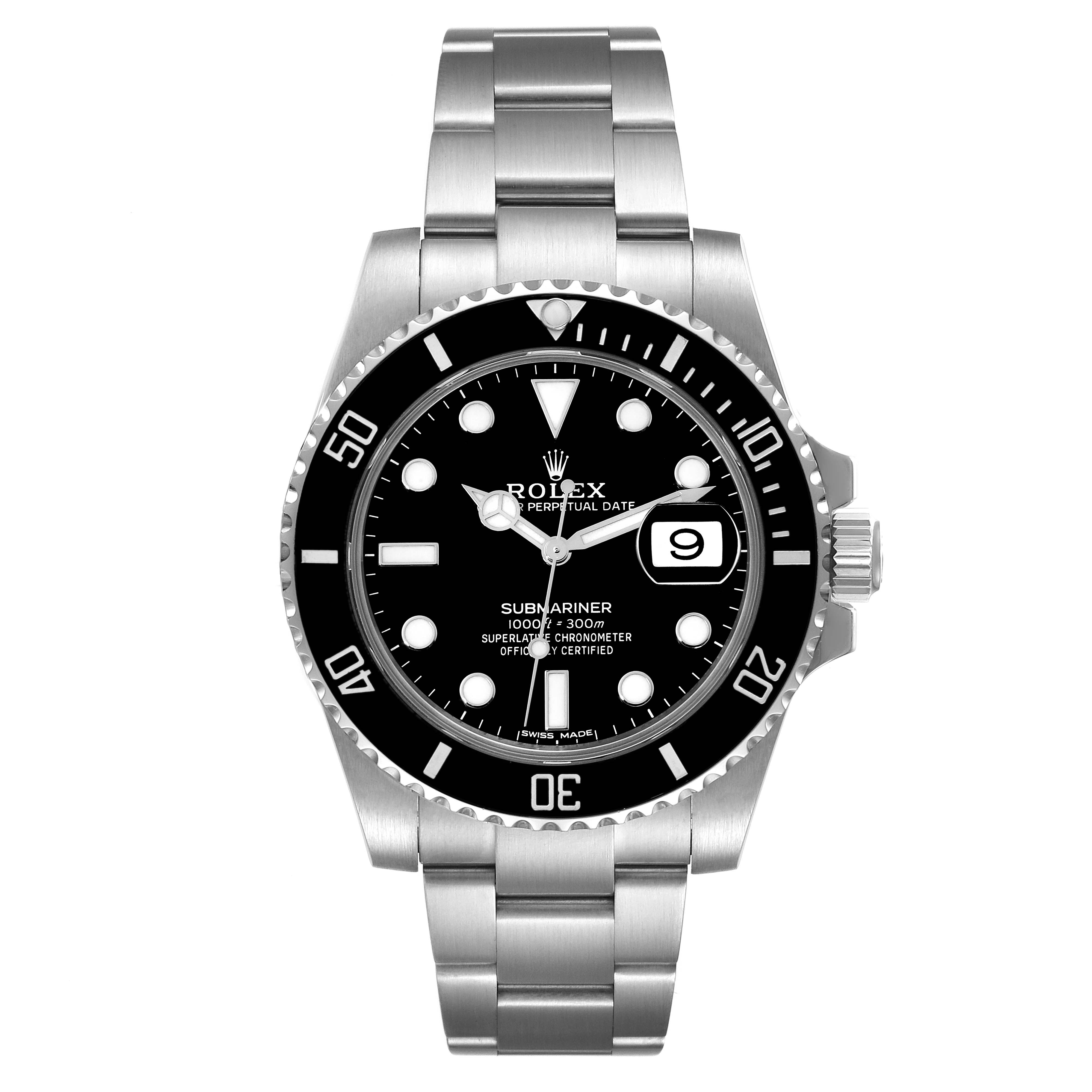 This image shows a front view of a Rolex Submariner 116610 Men
s Stainless Steel Black Dial 116610 Men
s Stainless Steel Black Dial, displaying the black dial, bezel, and stainless steel bracelet.