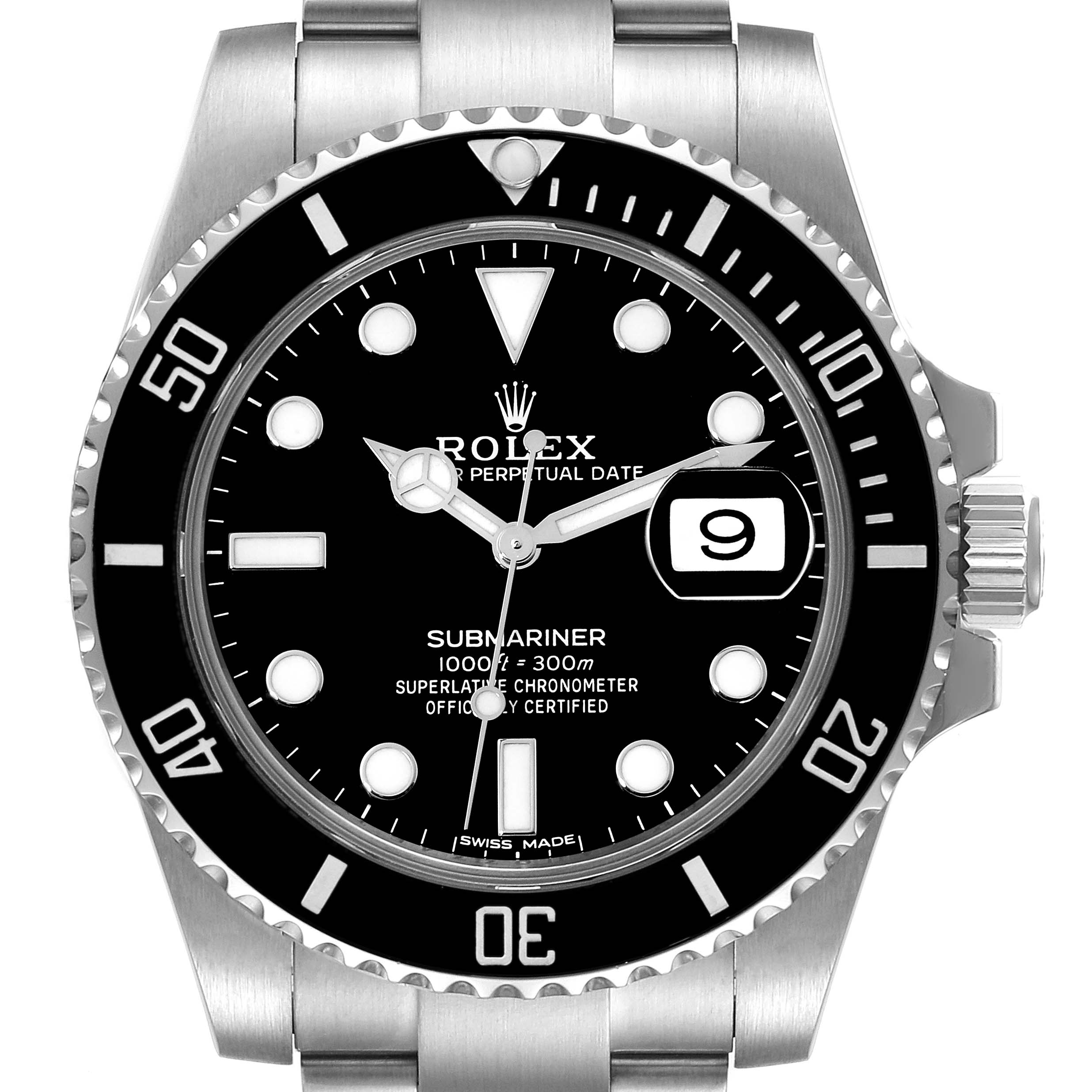 The image shows a frontal view of a Rolex Submariner 116610 Men
s Stainless Steel Black Dial 116610 Men
s Stainless Steel Black Dial watch, displaying the dial, bezel, and part of the bracelet.