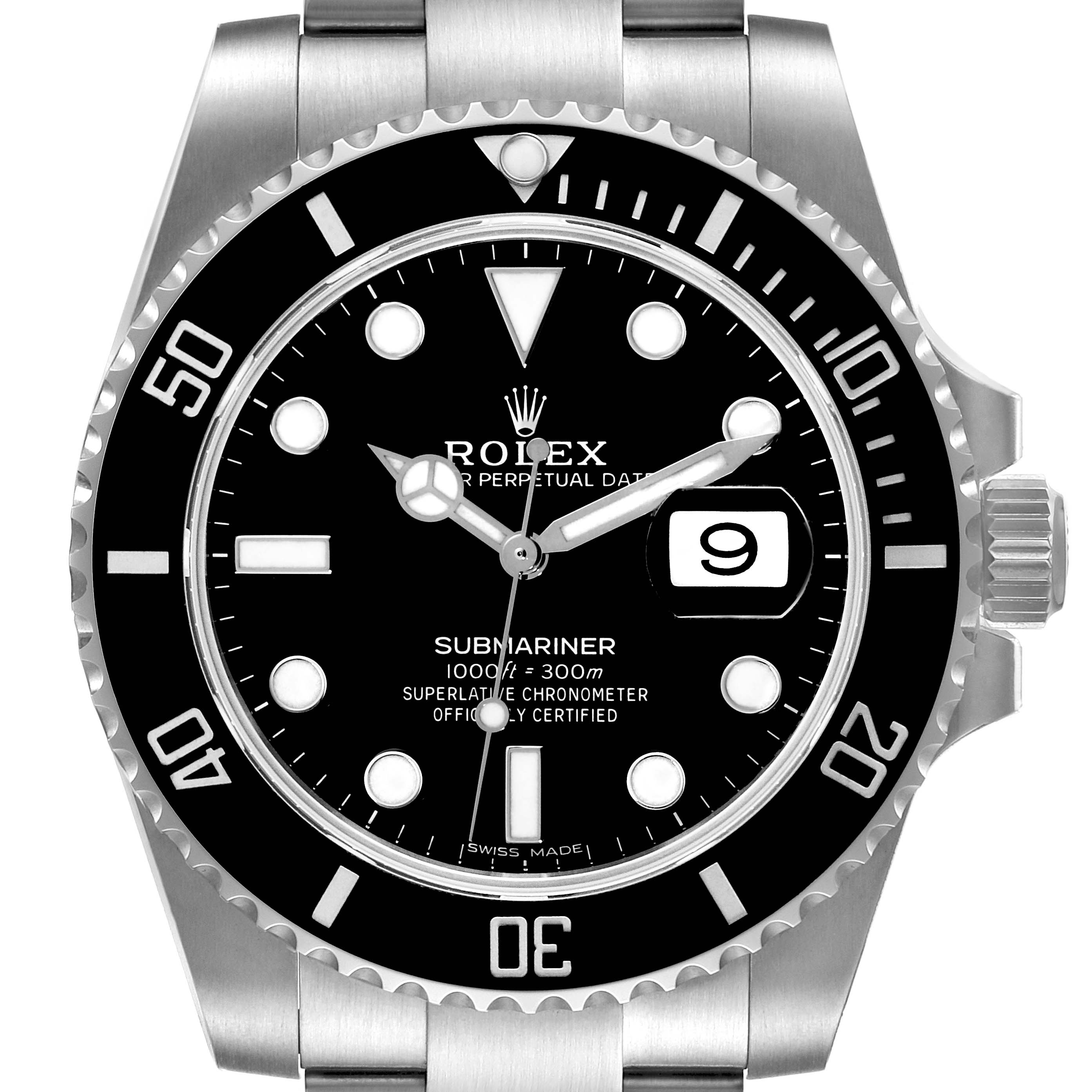 This image shows a frontal view of the Rolex Submariner 116610 Men
s Stainless Steel Black Dial 116610 Men
s Stainless Steel Black Dial watch, highlighting the bezel, dial, hands, and date window.