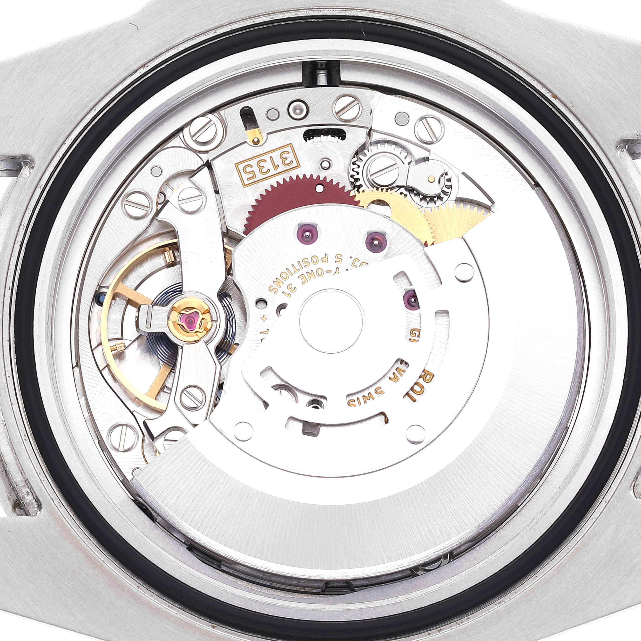 This image shows the intricate internal mechanics of the Rolex Submariner 116610 Men
s Stainless Steel Black Dial 116610 Men
s Stainless Steel Black Dial watch from a direct top-down angle.
