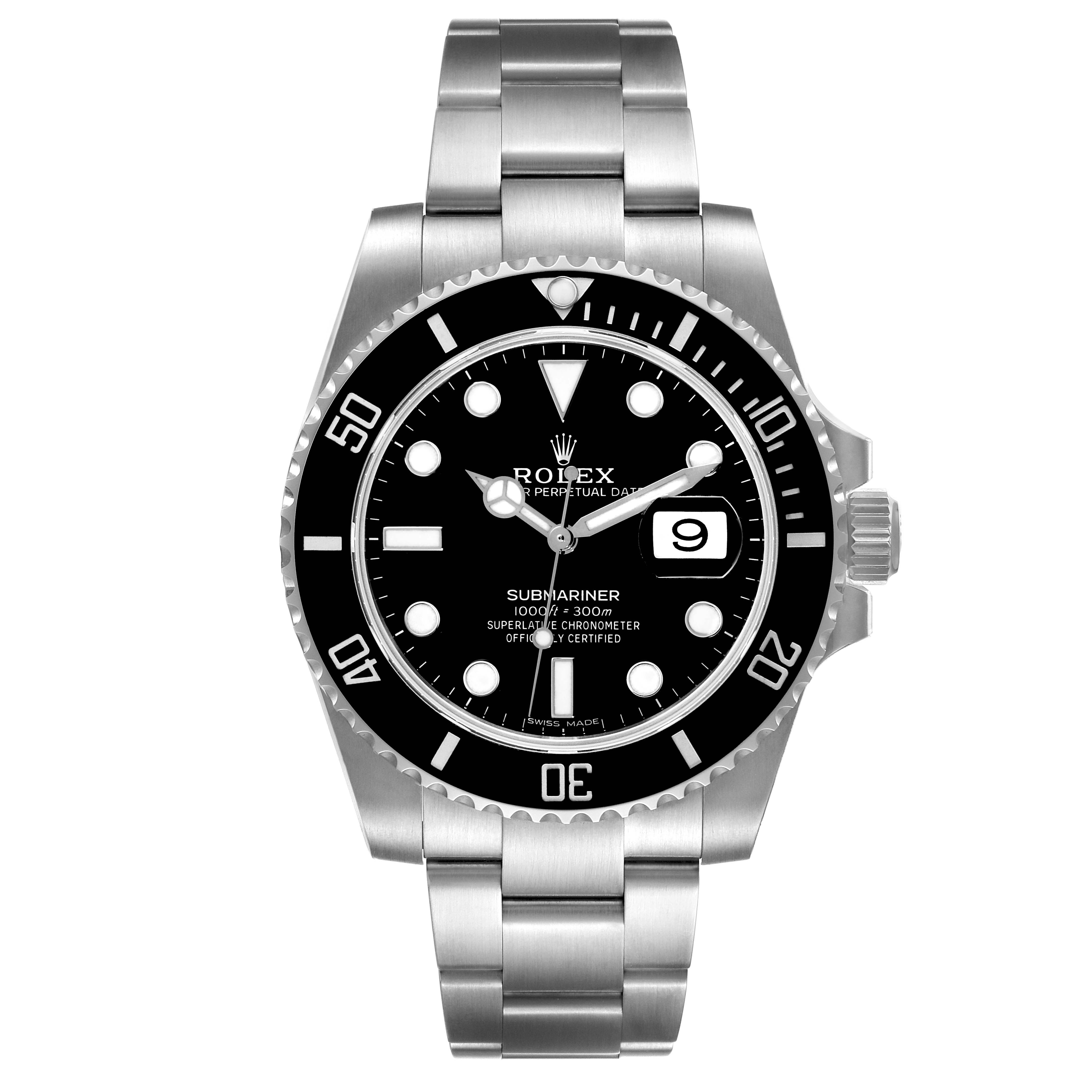 This image shows a front view of the Rolex Submariner 116610 Men
s Stainless Steel Black Dial 116610 Men
s Stainless Steel Black Dial watch, highlighting the dial, bezel, bracelet, and crown.