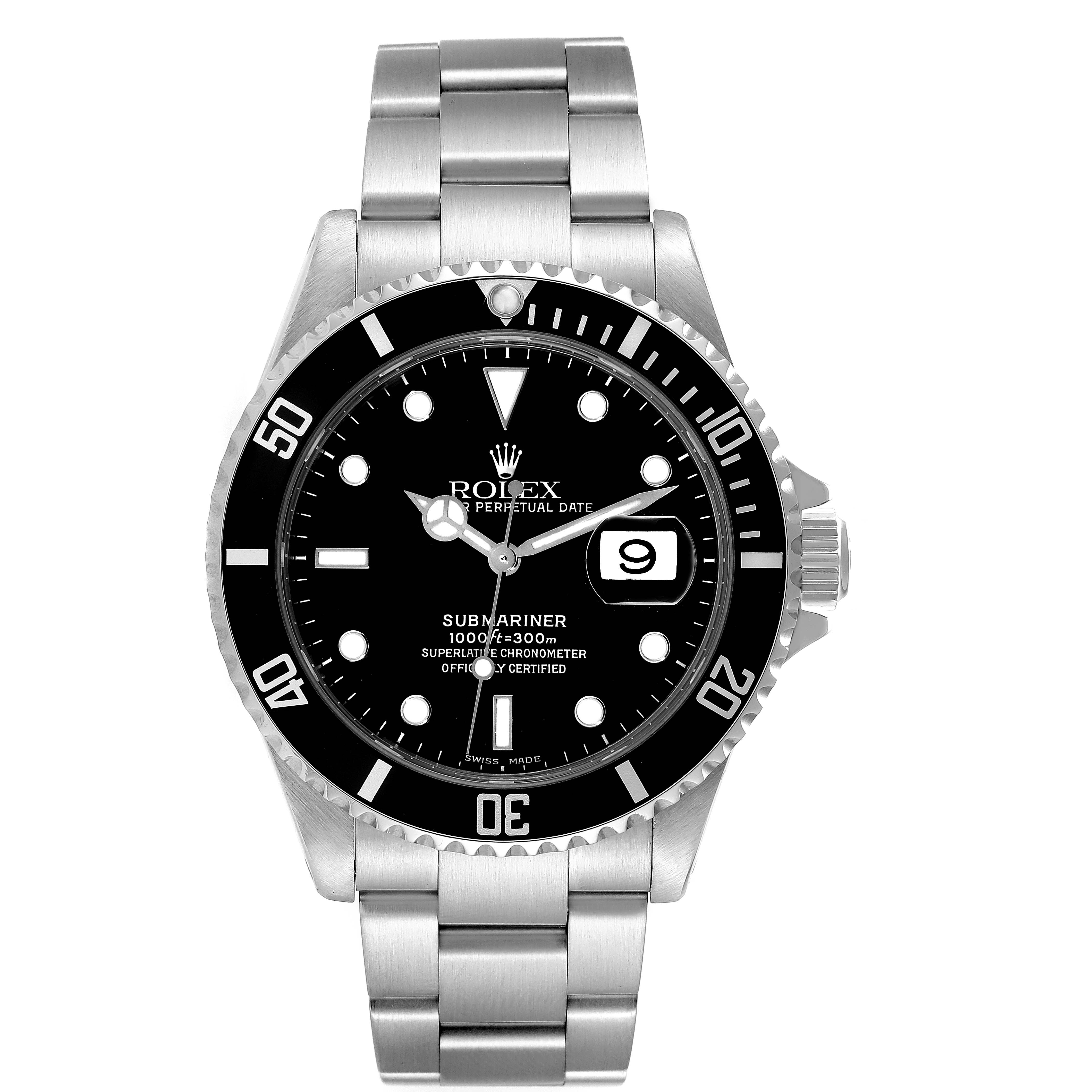 The image shows a front view of the Rolex Submariner 16610 Men's Stainless Steel Black Dial 16610 Men's Stainless Steel Black Dial watch, displaying the dial, bezel, and bracelet.