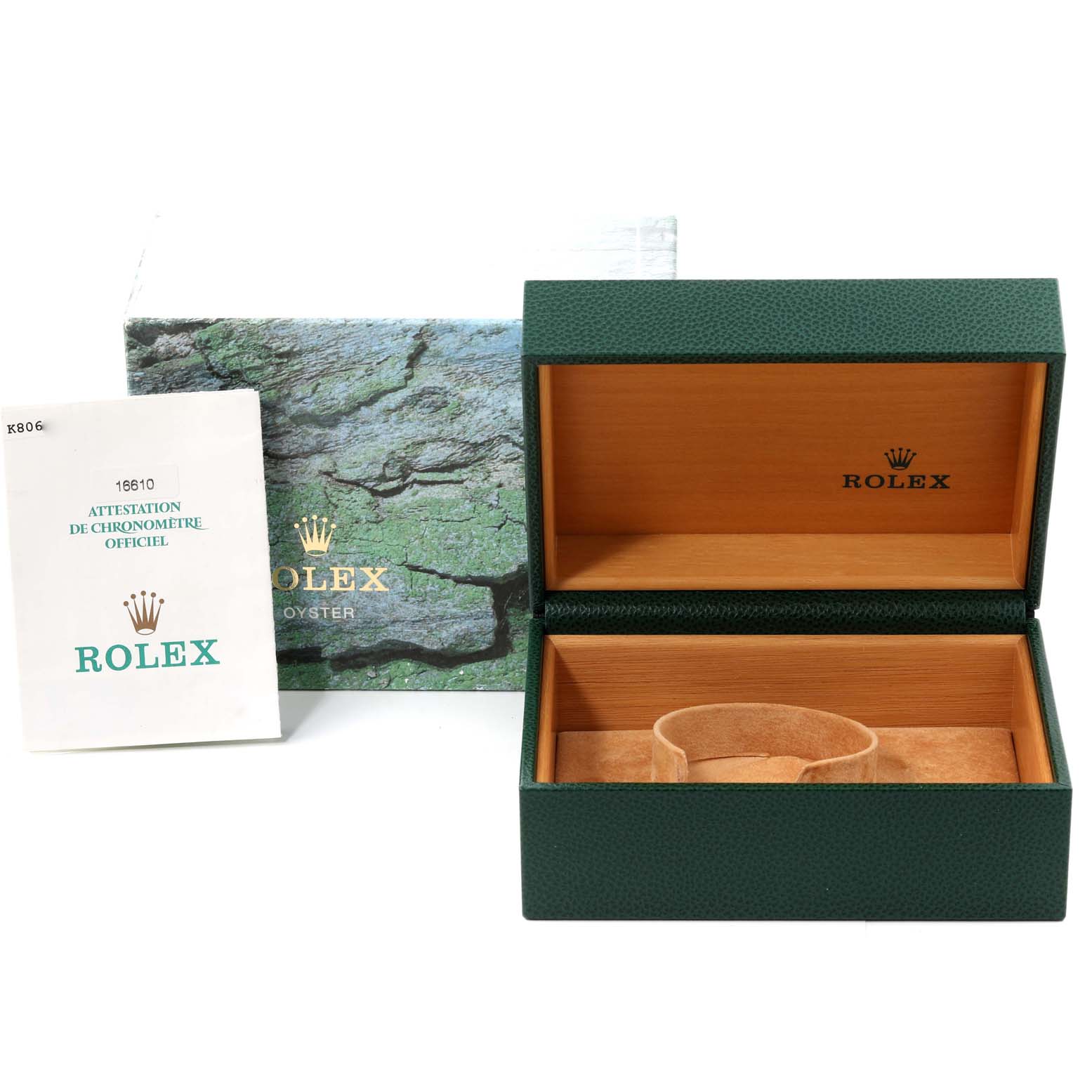 The image shows an open green Rolex box and Submariner model certification document from a slightly angled front view.