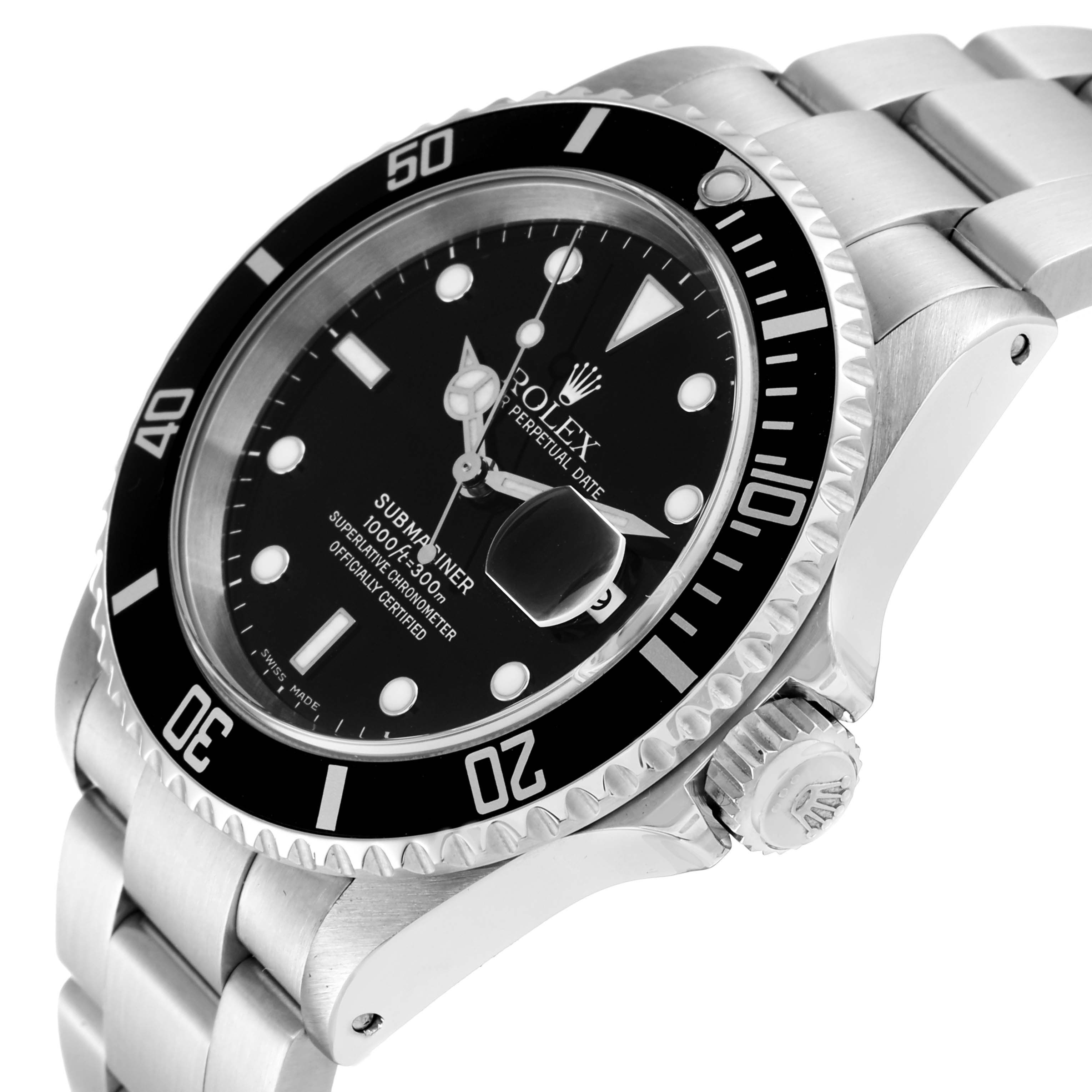 The image shows a Rolex Submariner 16610 Men's Stainless Steel Black Dial 16610 Men's Stainless Steel Black Dial watch at an angled view, highlighting the dial, bezel, crown, and bracelet.