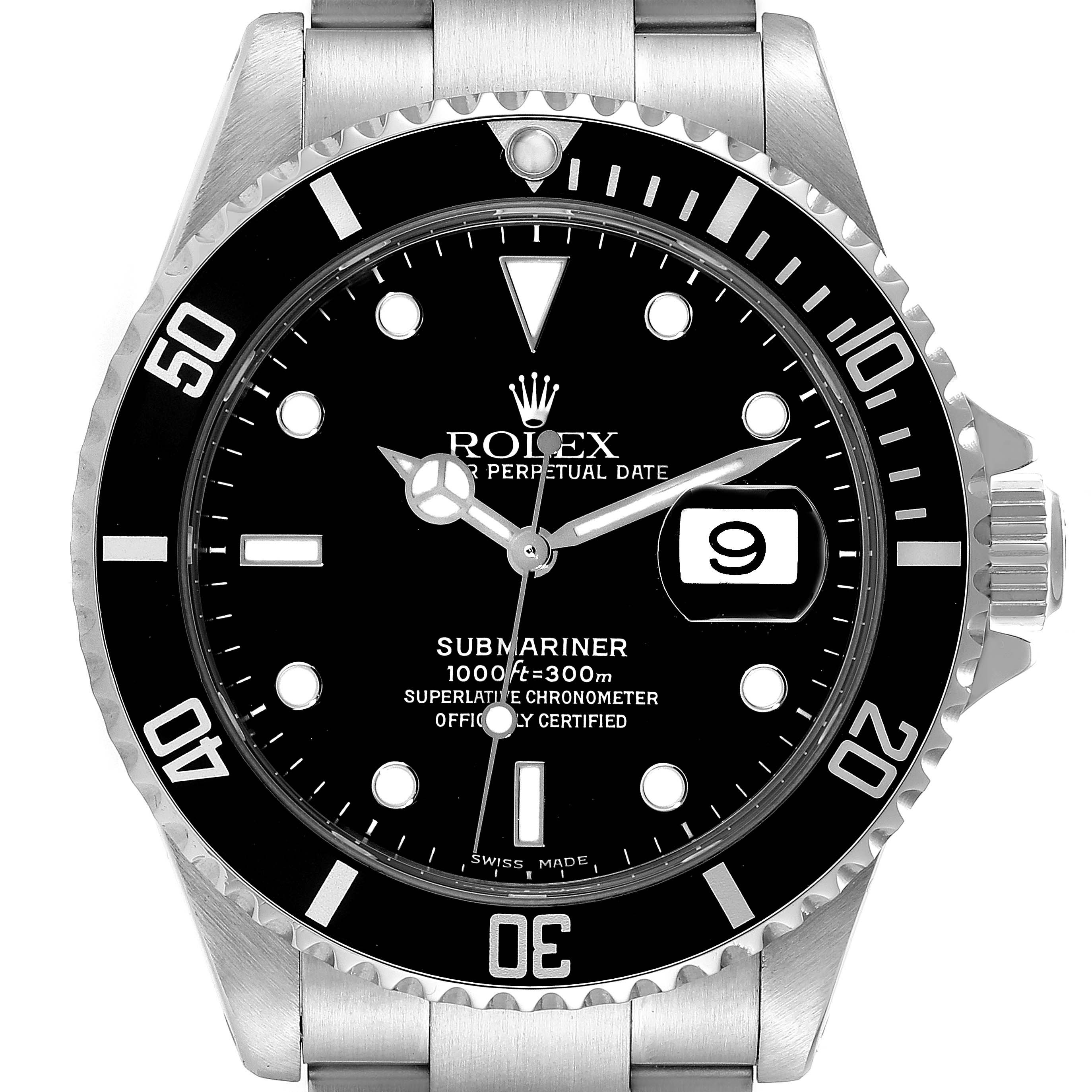 The image shows a front view of the Rolex Submariner 16610 Men's Stainless Steel Black Dial 16610 Men's Stainless Steel Black Dial watch, highlighting the dial, bezel, and crown.