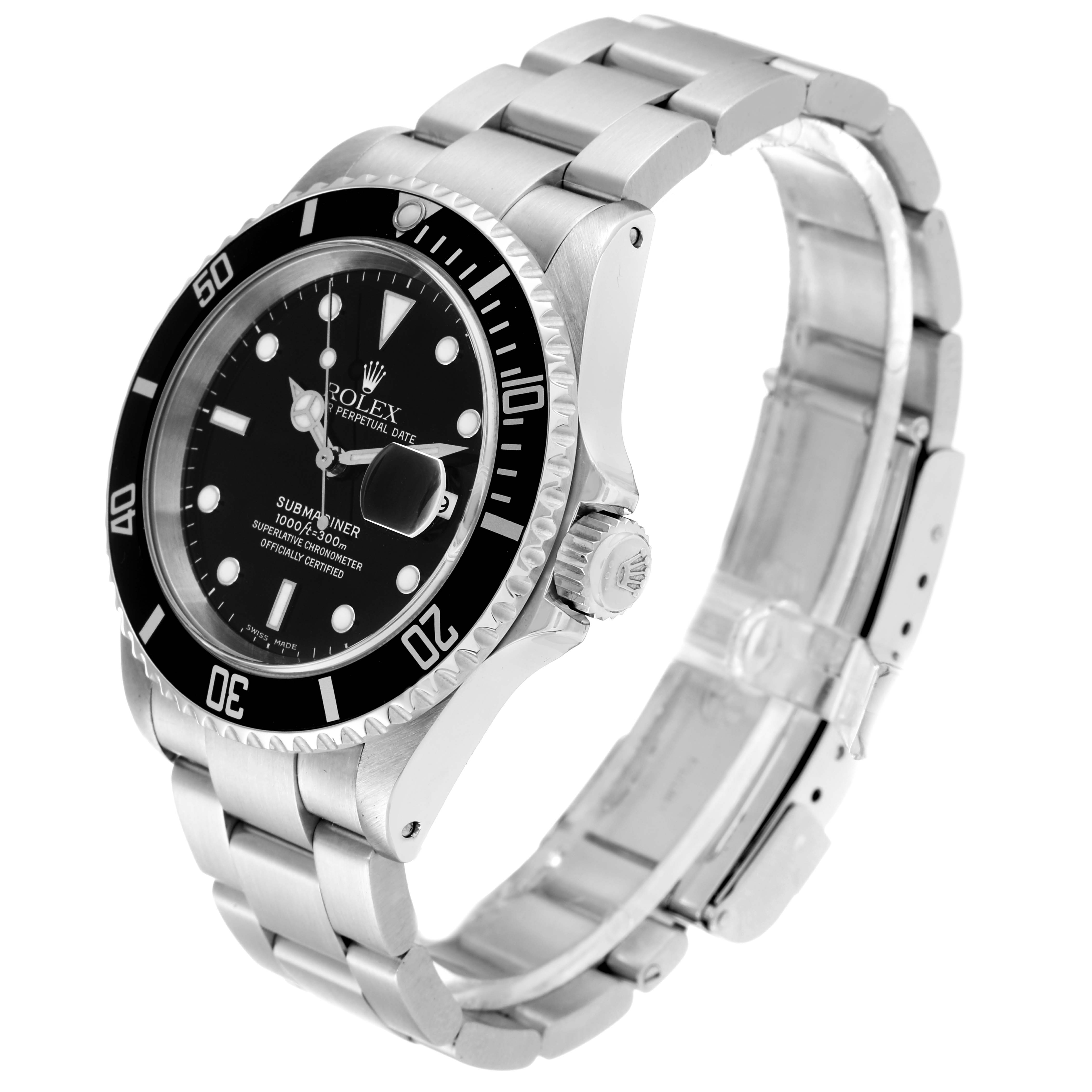 The image shows a Rolex Submariner 16610 Men's Stainless Steel Black Dial 16610 Men's Stainless Steel Black Dial watch at an angled side view, highlighting the dial, bezel, crown, and bracelet.