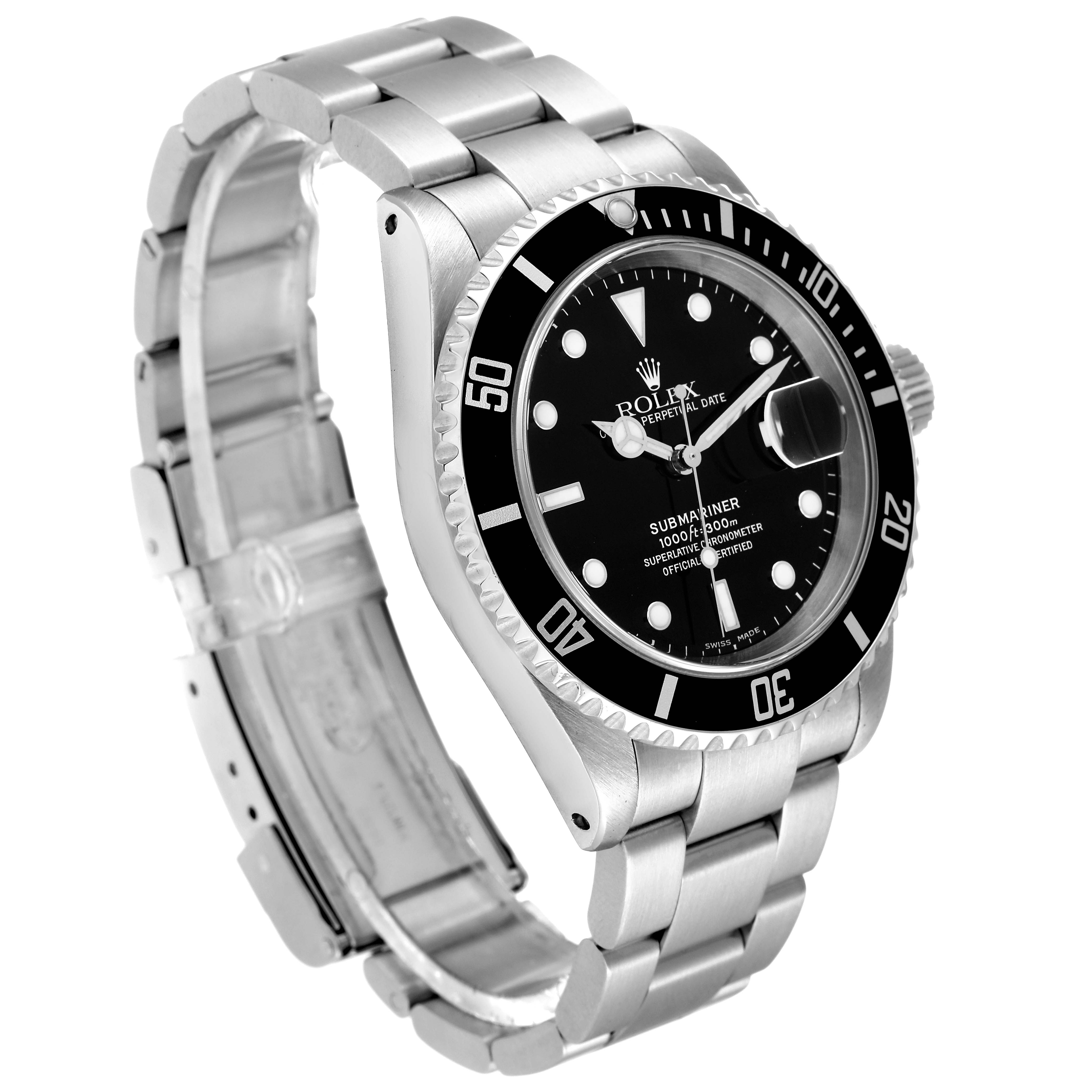 The angle is slightly oblique, showing the face, bezel, crown, and stainless steel bracelet of the Rolex Submariner 16610 Men's Stainless Steel Black Dial 16610 Men's Stainless Steel Black Dial.