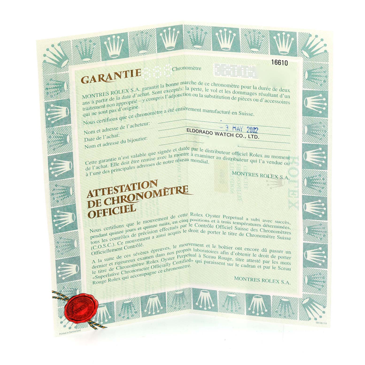 The image shows an open warranty card and certificate for the Rolex Submariner 16610 Men's Stainless Steel Black Dial 16610 Men's Stainless Steel Black Dial watch.