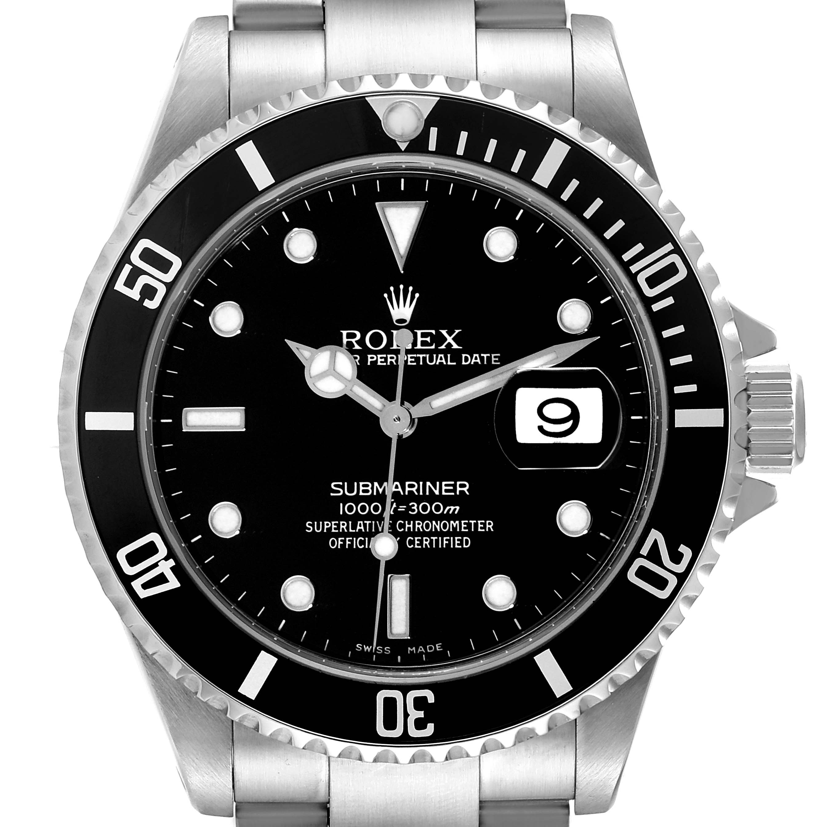 The image shows a front view of a Rolex Submariner 16610 Men
s Stainless Steel Black Dial 16610 Men
s Stainless Steel Black Dial watch, highlighting the dial, bezel, and part of the bracelet.