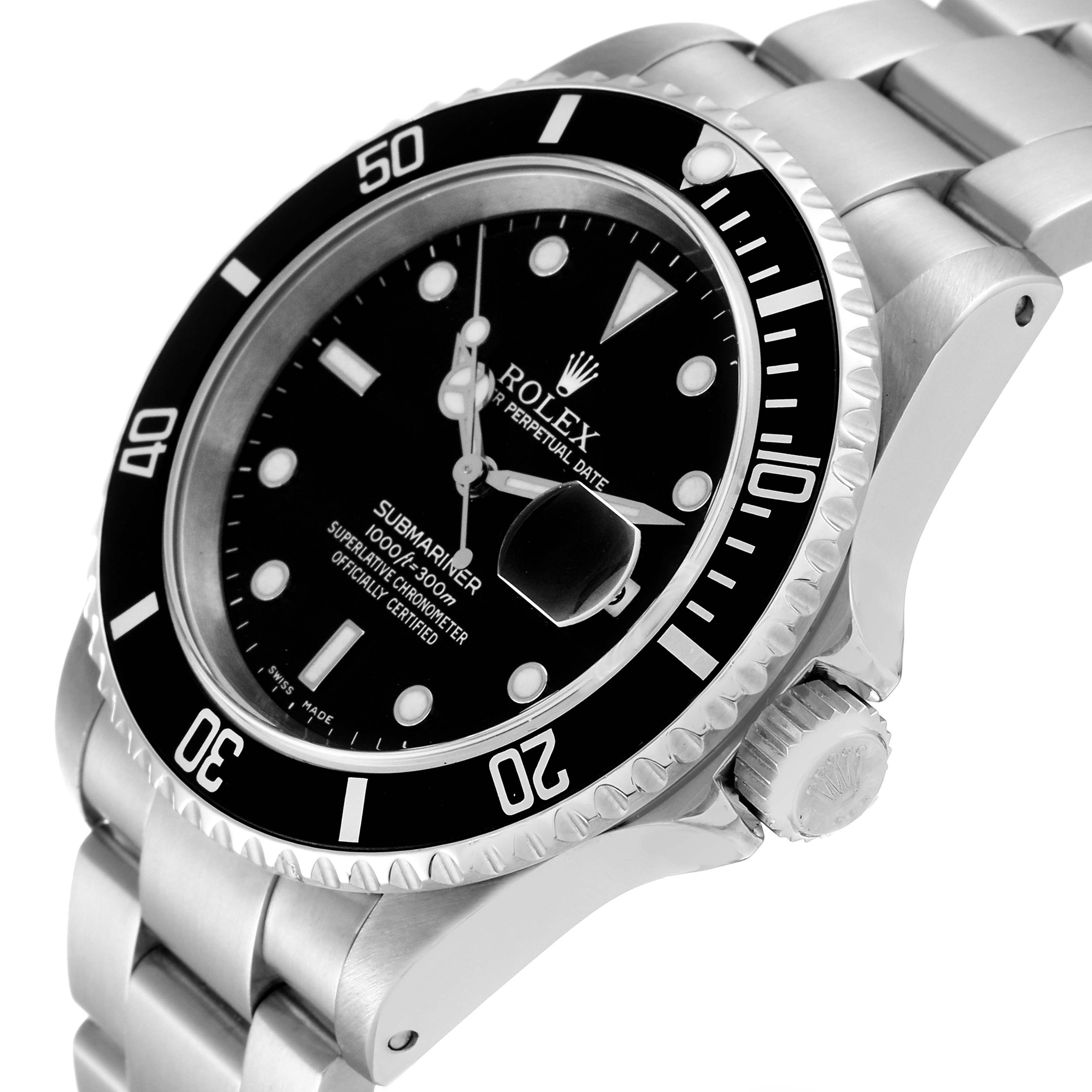 The image shows a close-up angled view of the Rolex Submariner 16610 Men
s Stainless Steel Black Dial 16610 Men
s Stainless Steel Black Dial watch, highlighting the bezel, dial, and bracelet.