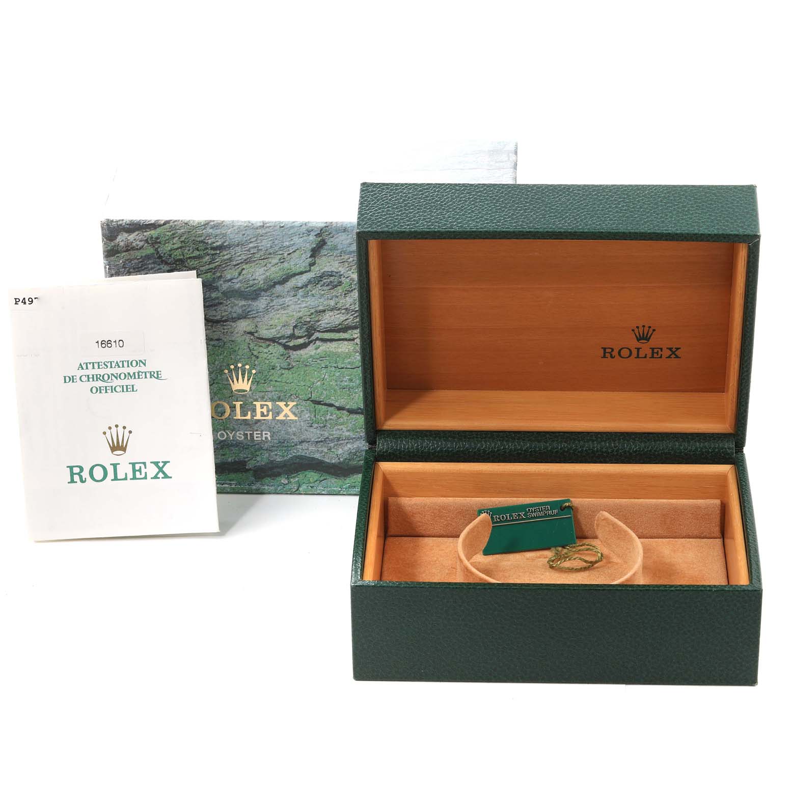 The image displays the packaging, box, and documentation for a Rolex Submariner 16610 Men
s Stainless Steel Black Dial 16610 Men
s Stainless Steel Black Dial, without the watch itself.