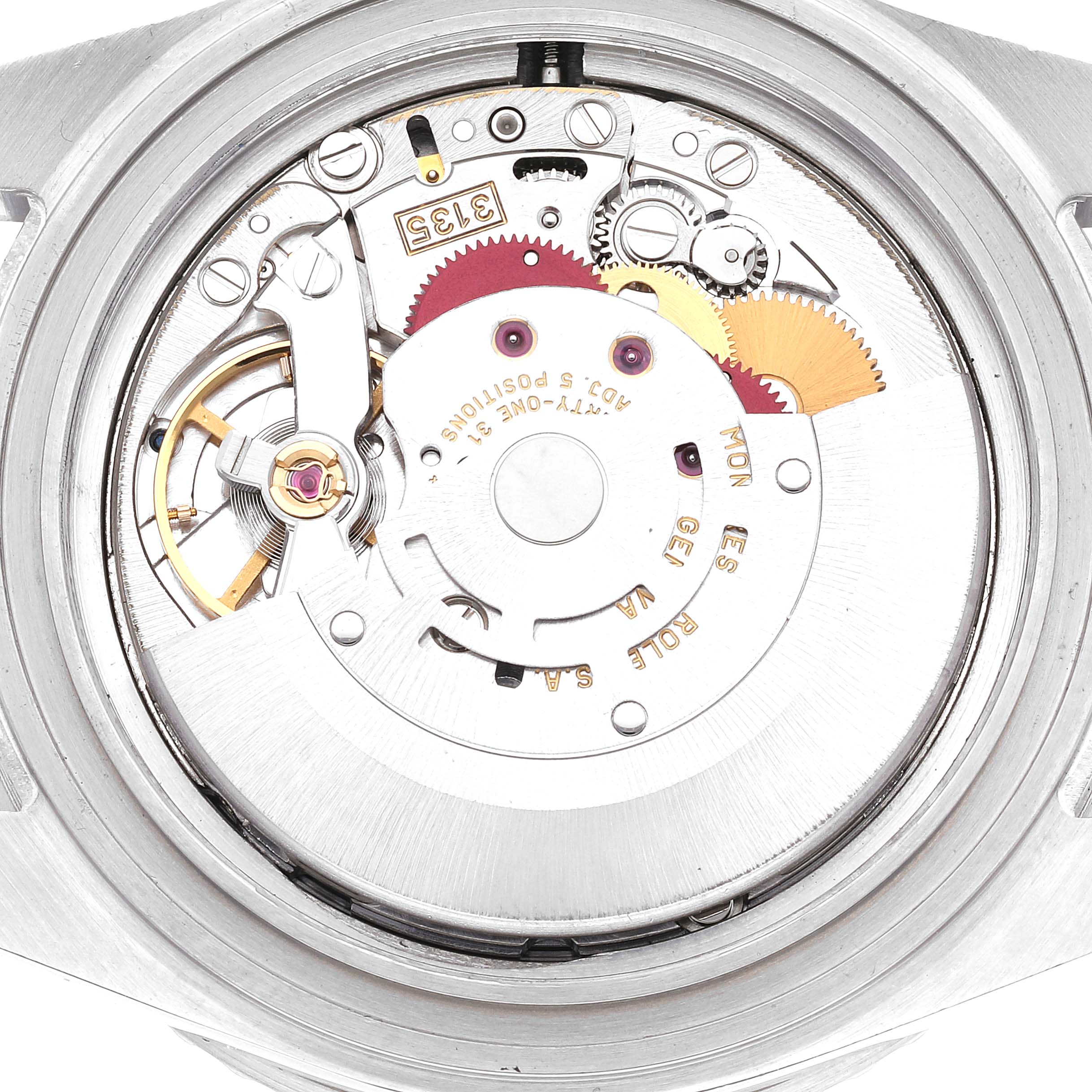 This image shows the internal mechanical movement of a Rolex Submariner 16610 Men
s Stainless Steel Black Dial 16610 Men
s Stainless Steel Black Dial watch from a top-down perspective.