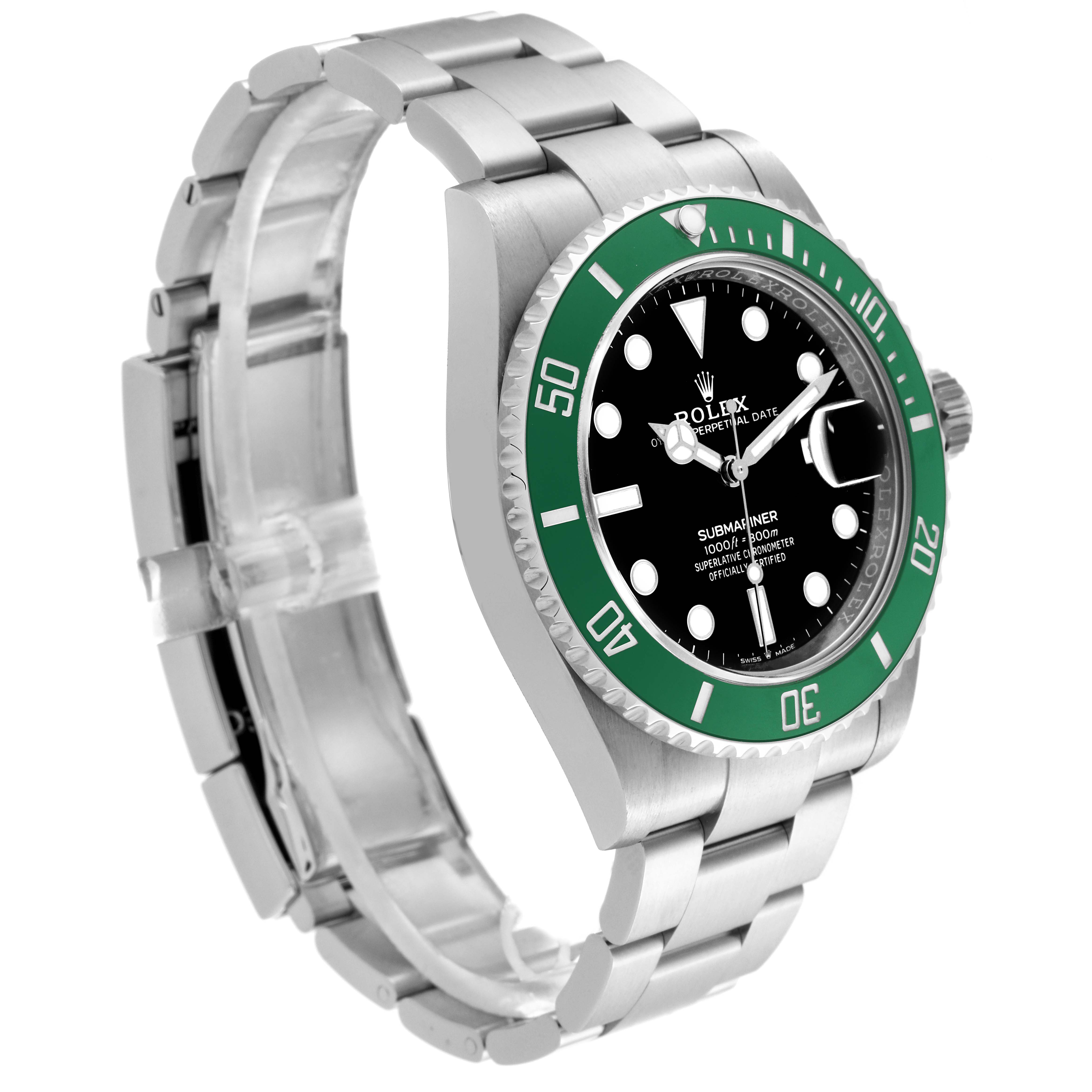 The Rolex Submariner 126610LV Men
s Stainless Steel Black Dial 126610LV Men
s Stainless Steel Black Dial watch is shown at a three-quarter angle, displaying the green bezel, black dial, and stainless steel bracelet.