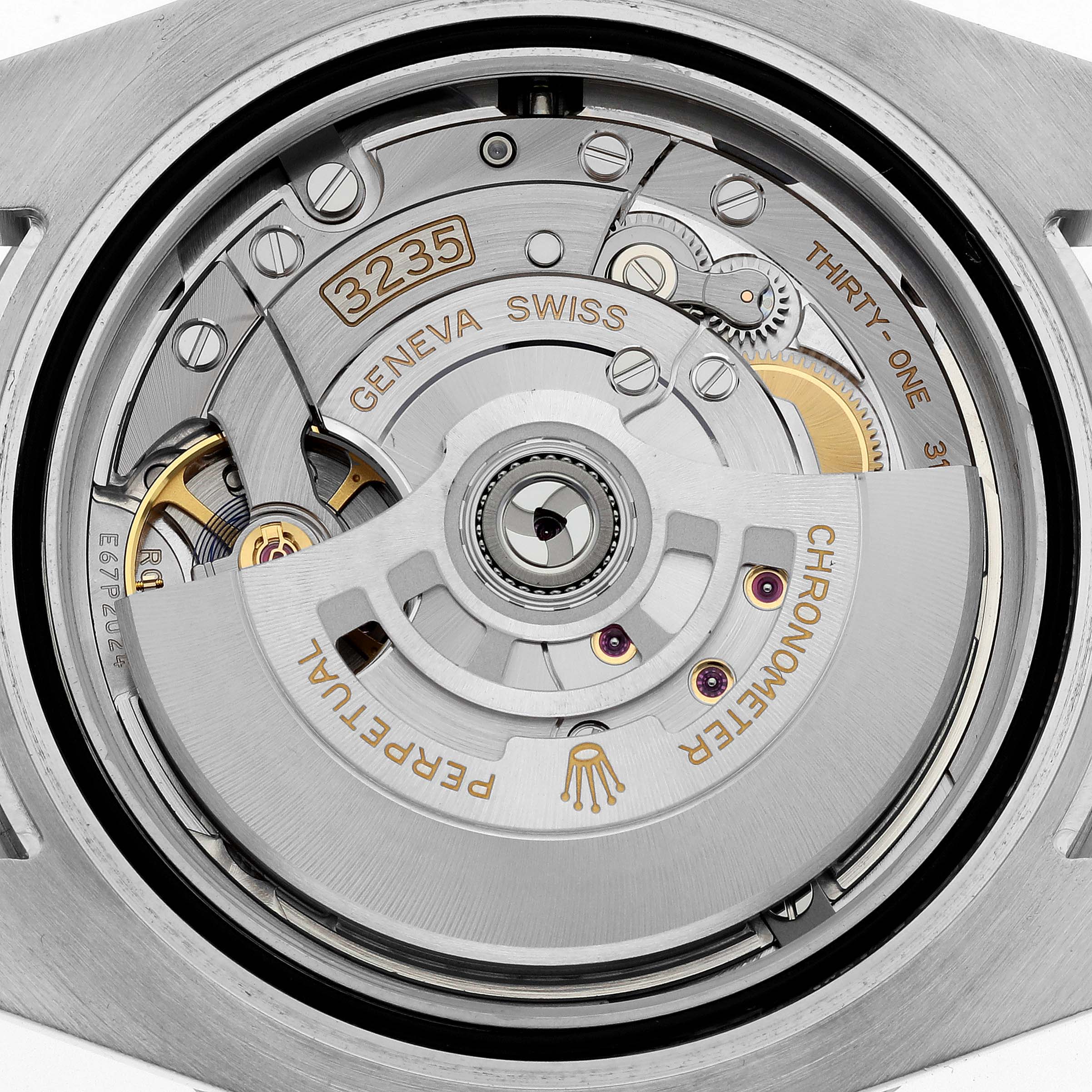 The image shows the back view of a Rolex Submariner 126610LV Men
s Stainless Steel Black Dial 126610LV Men
s Stainless Steel Black Dial, focusing on its movement and rotor.