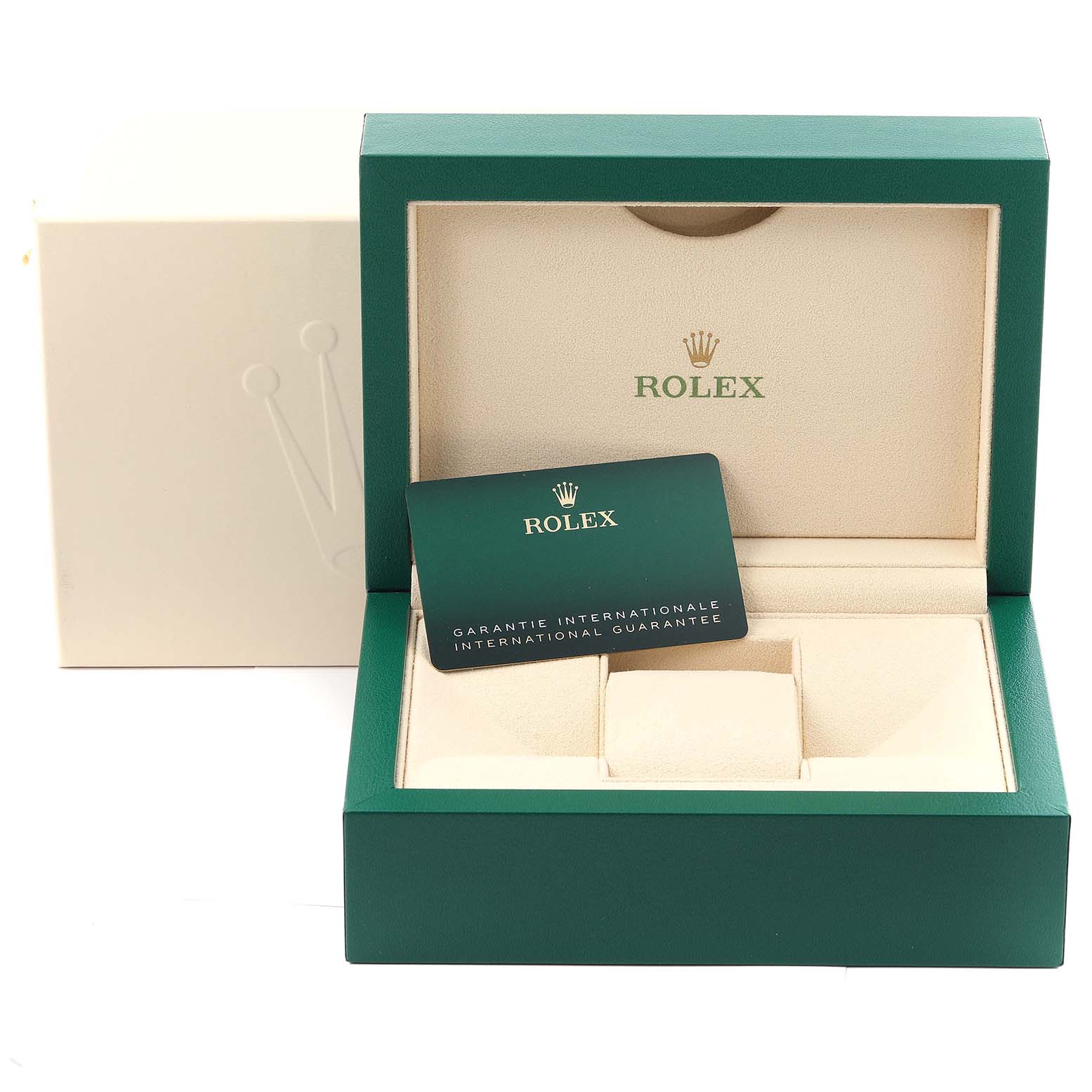 The image shows a Rolex Submariner 126610LV Men
s Stainless Steel Black Dial 126610LV Men
s Stainless Steel Black Dial watch box and warranty card from a front angle.