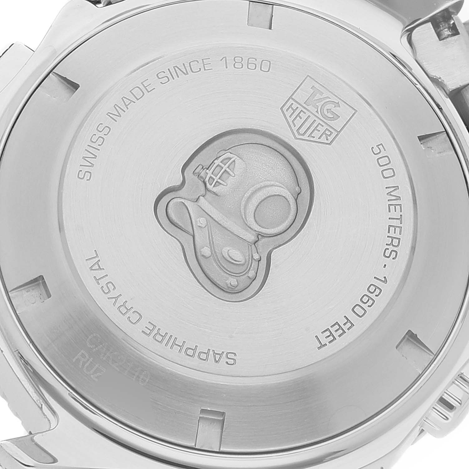 This image shows the back case of a Tag Heuer Aquaracer CAK2110.BA0833 Men
s Stainless Steel Black Dial CAK2110.BA0833 Men
s Stainless Steel Black Dial watch, highlighting details like the diving helmet engraving and brand markings.