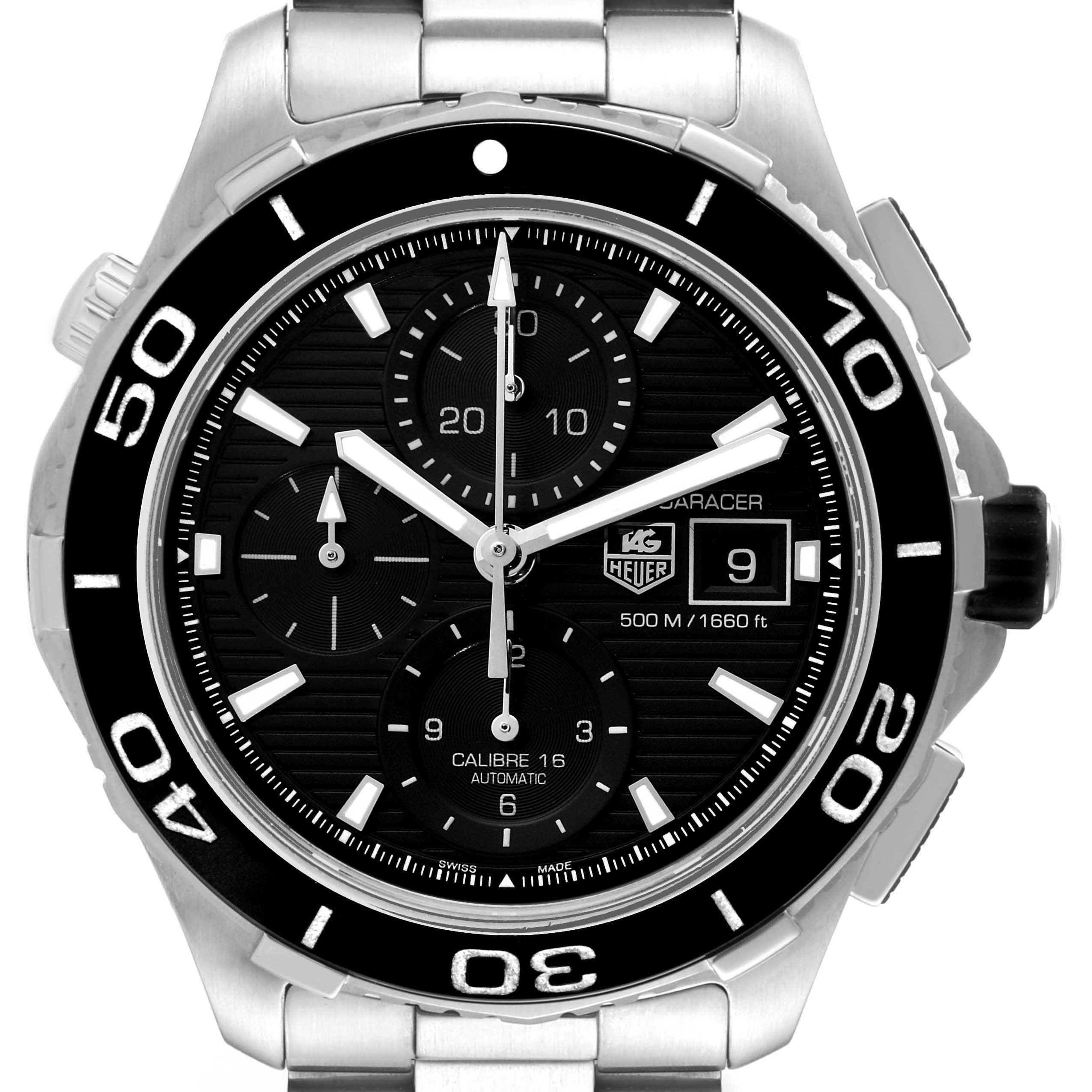 The image shows a close-up, frontal view of the Tag Heuer Aquaracer CAK2110.BA0833 Men
s Stainless Steel Black Dial CAK2110.BA0833 Men
s Stainless Steel Black Dial watch, displaying the bezel, dial, subdials, hands, and date window.