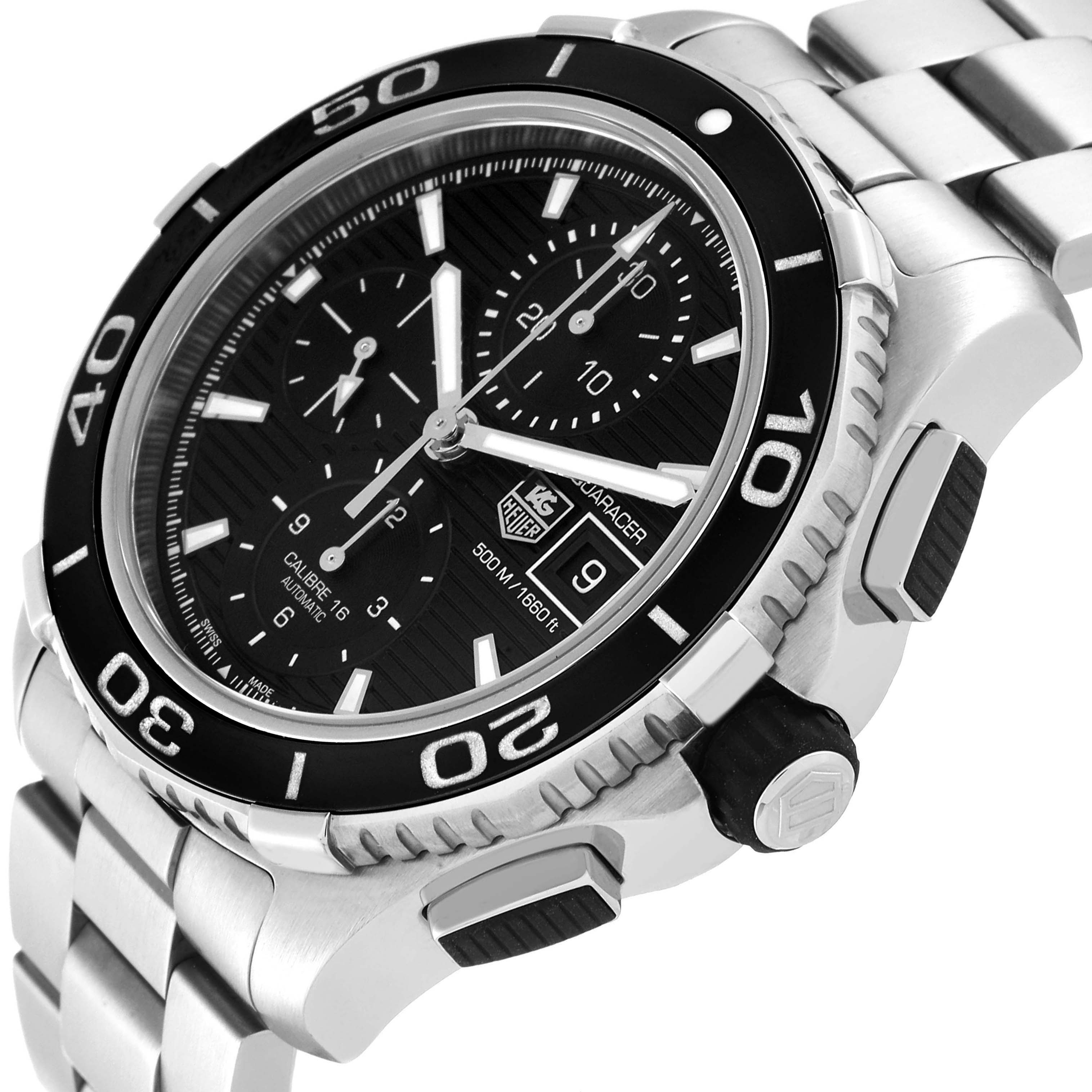 The image shows a side-angle view of the Tag Heuer Aquaracer CAK2110.BA0833 Men
s Stainless Steel Black Dial CAK2110.BA0833 Men
s Stainless Steel Black Dial watch, highlighting the bezel, crown, dial, and part of the bracelet.