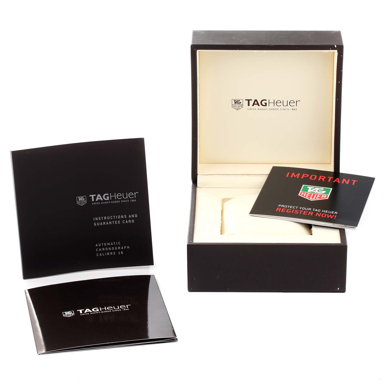 The image shows the box, instruction manual, registration card, and documents for the Tag Heuer Aquaracer CAK2110.BA0833 Men
s Stainless Steel Black Dial CAK2110.BA0833 Men
s Stainless Steel Black Dial watch.