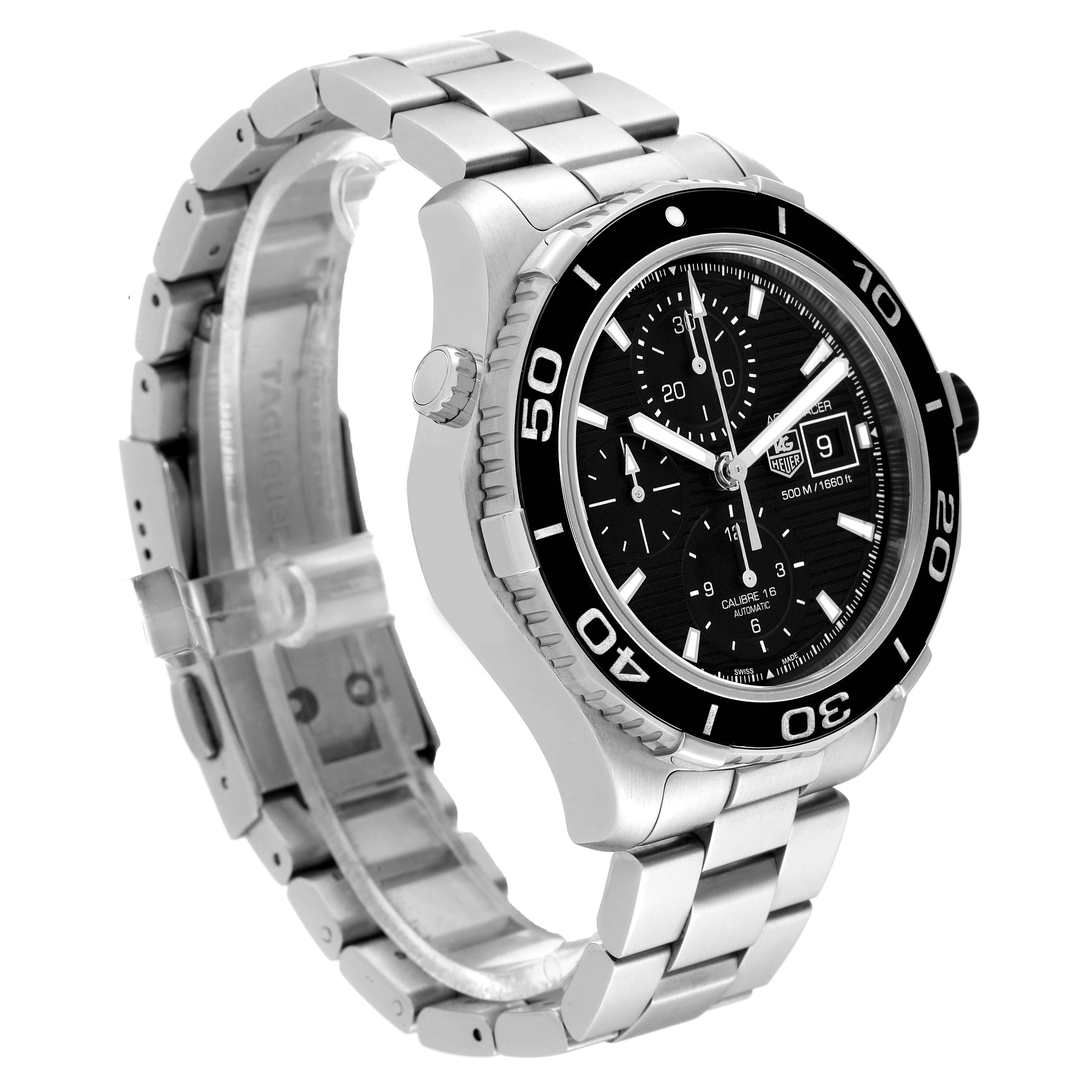 The image shows a Tag Heuer Aquaracer CAK2110.BA0833 Men
s Stainless Steel Black Dial CAK2110.BA0833 Men
s Stainless Steel Black Dial watch at a three-quarter angle, displaying its face, bezel, and metal bracelet.