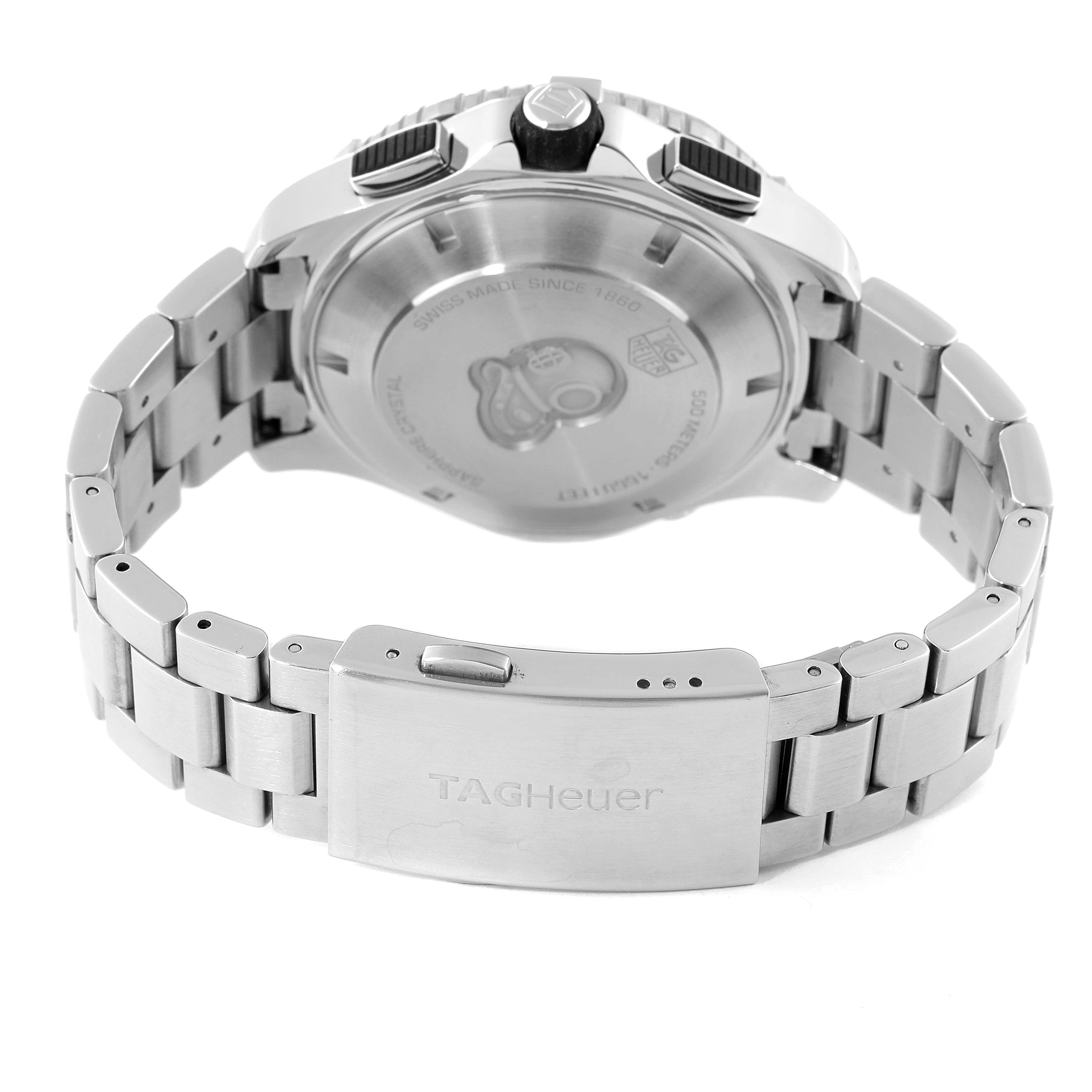 The image shows the back of the Tag Heuer Aquaracer CAK2110.BA0833 Men
s Stainless Steel Black Dial CAK2110.BA0833 Men
s Stainless Steel Black Dial watch, focusing on the case back and stainless steel bracelet.