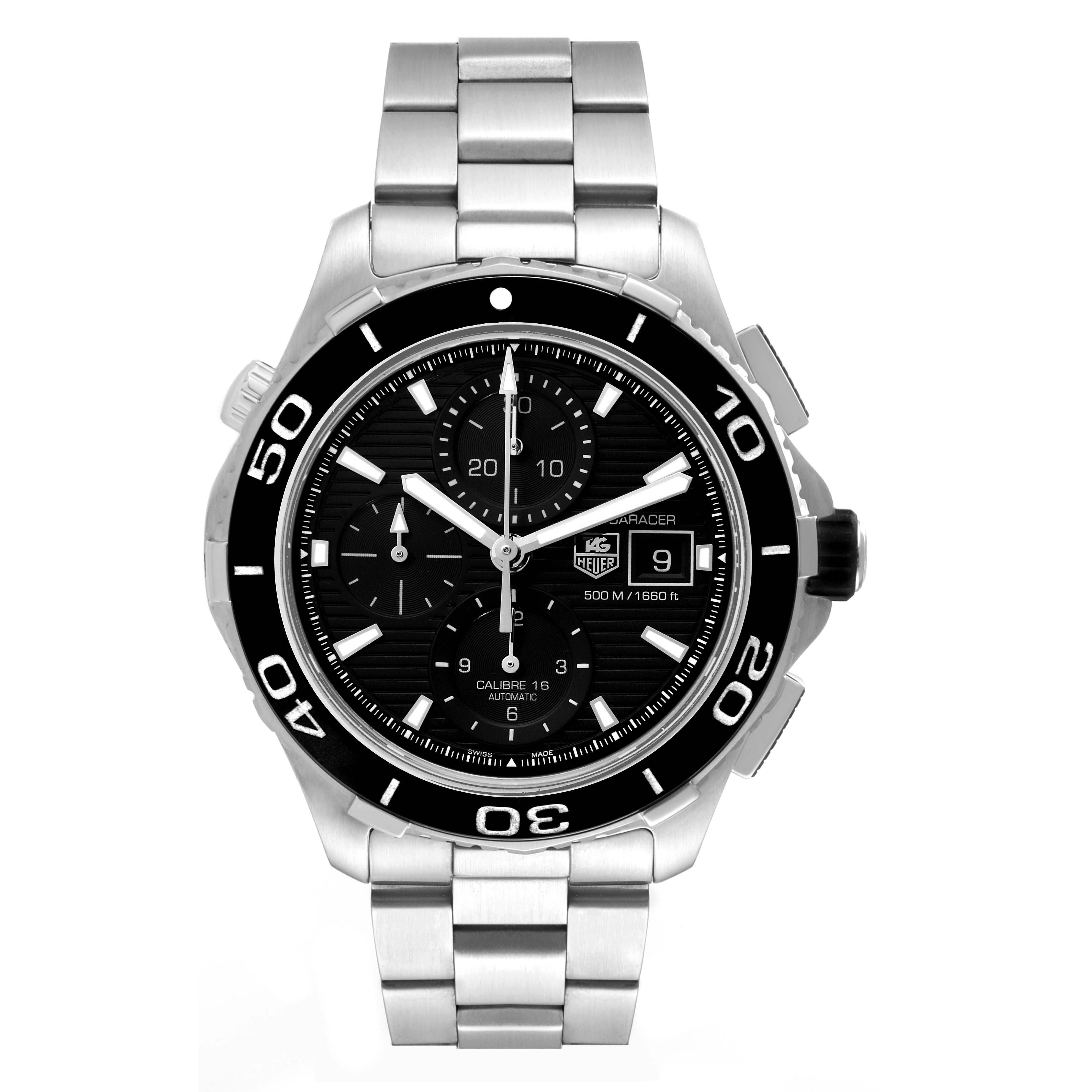 The image shows a front view of the Tag Heuer Aquaracer CAK2110.BA0833 Men
s Stainless Steel Black Dial CAK2110.BA0833 Men
s Stainless Steel Black Dial watch, displaying the face, bezel, and stainless steel band.