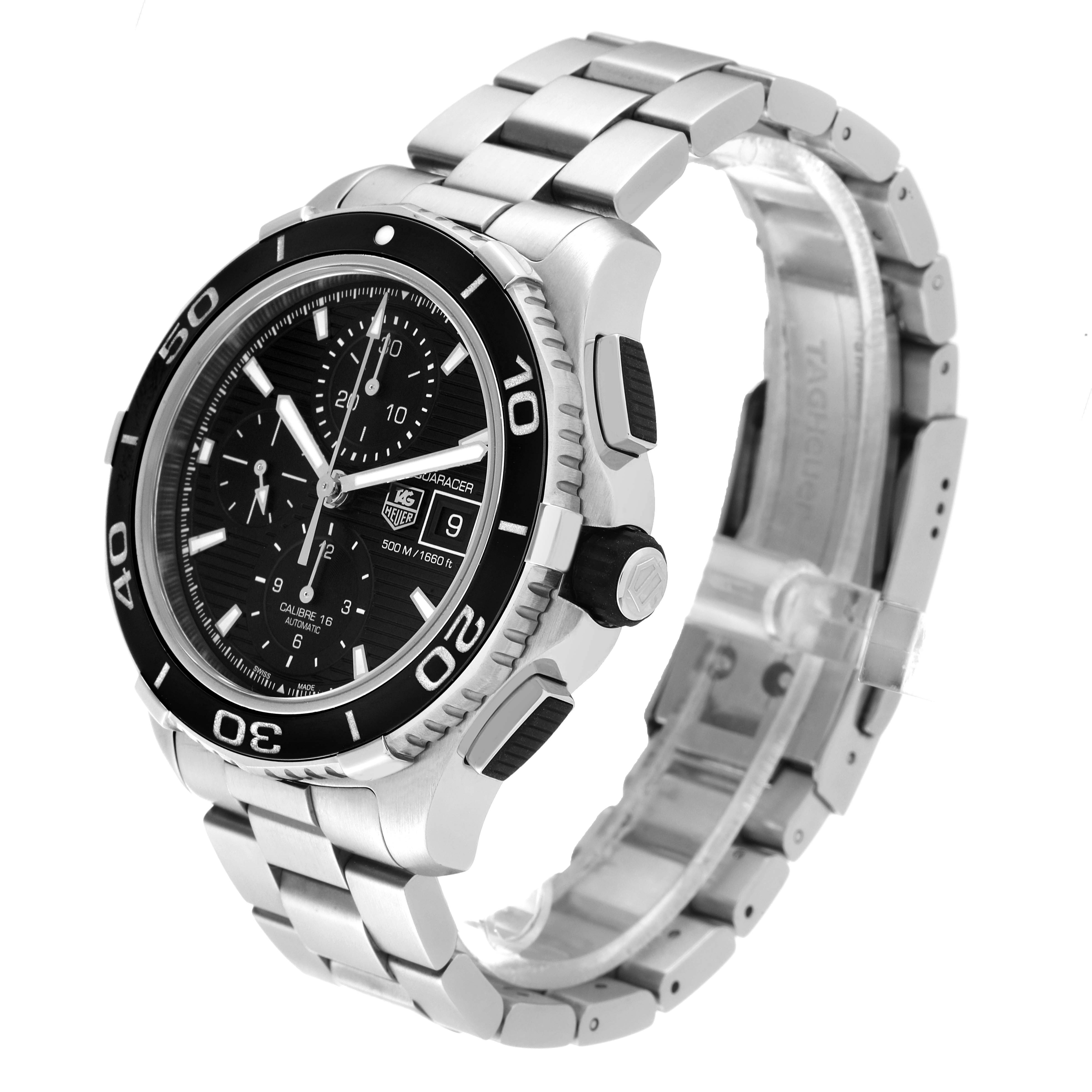 The image shows a side and diagonal angle of the Tag Heuer Aquaracer CAK2110.BA0833 Men
s Stainless Steel Black Dial CAK2110.BA0833 Men
s Stainless Steel Black Dial watch, highlighting its bezel, crown, dial, and bracelet.