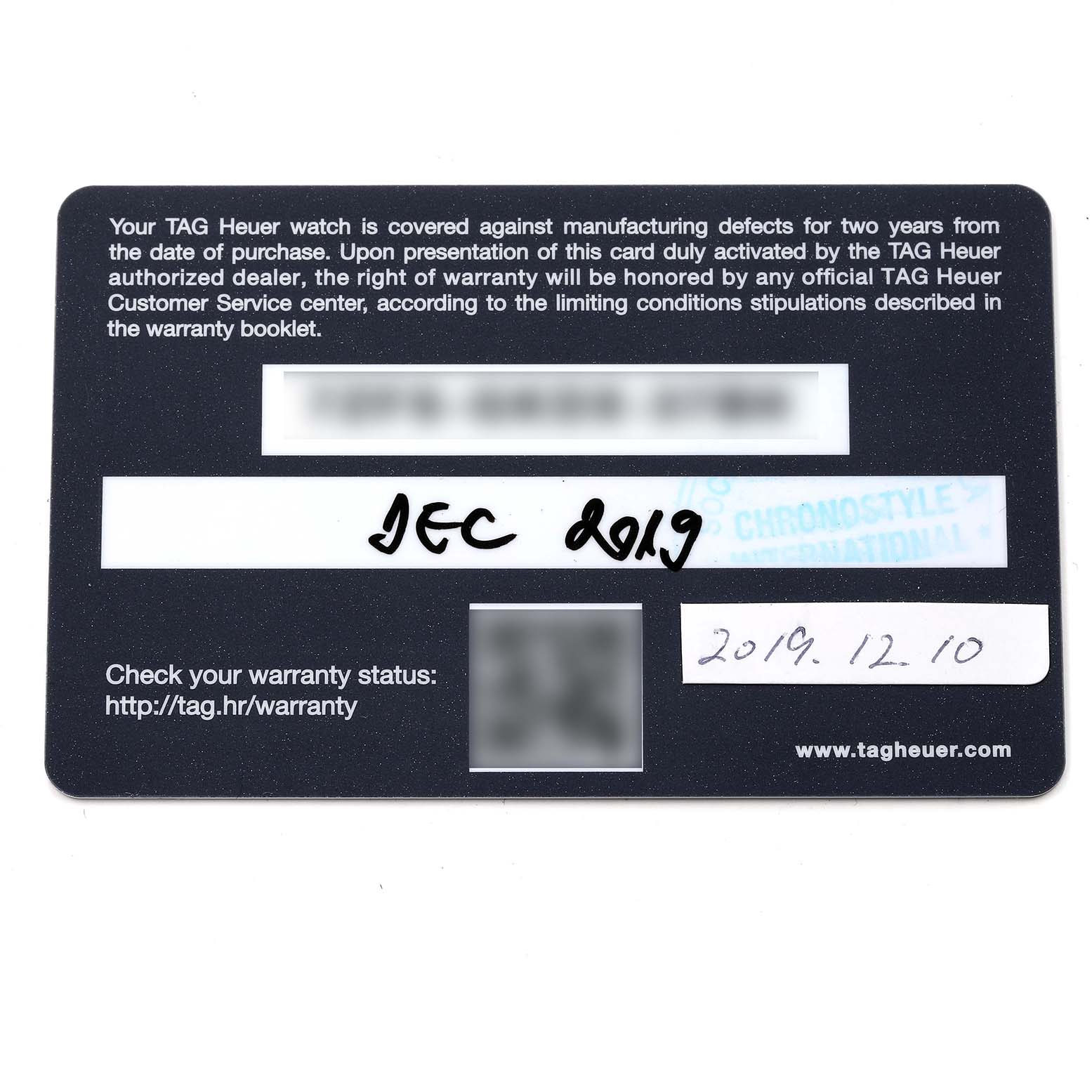 This image shows a Tag Heuer Carrera CBG2A1Z.BA0658 Men's Stainless Steel Black Dial CBG2A1Z.BA0658 Men's Stainless Steel Black Dial model warranty card with purchase and warranty information.