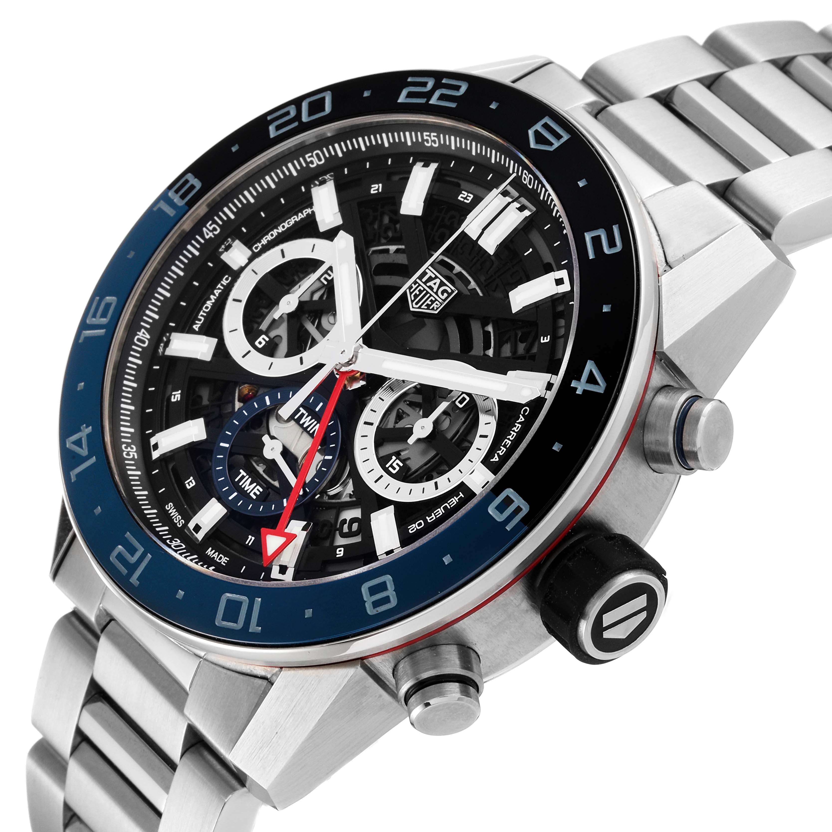 The image shows a close-up angle of the Tag Heuer Carrera CBG2A1Z.BA0658 Men's Stainless Steel Black Dial CBG2A1Z.BA0658 Men's Stainless Steel Black Dial watch, highlighting the face, bezel, and part of the bracelet.