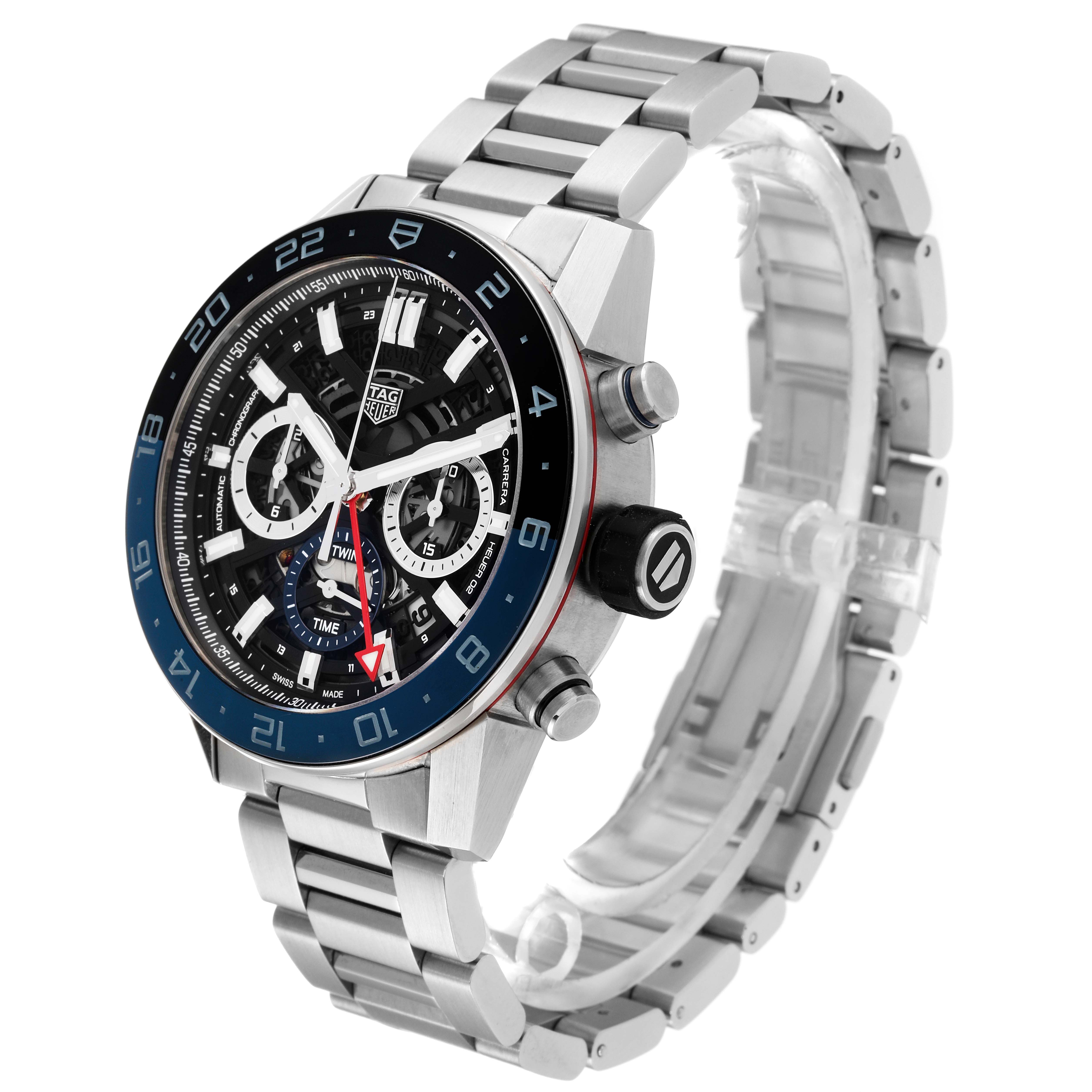 The image shows a Tag Heuer Carrera CBG2A1Z.BA0658 Men's Stainless Steel Black Dial CBG2A1Z.BA0658 Men's Stainless Steel Black Dial watch at a three-quarter angle, highlighting its face, bezel, buttons, and stainless steel bracelet.